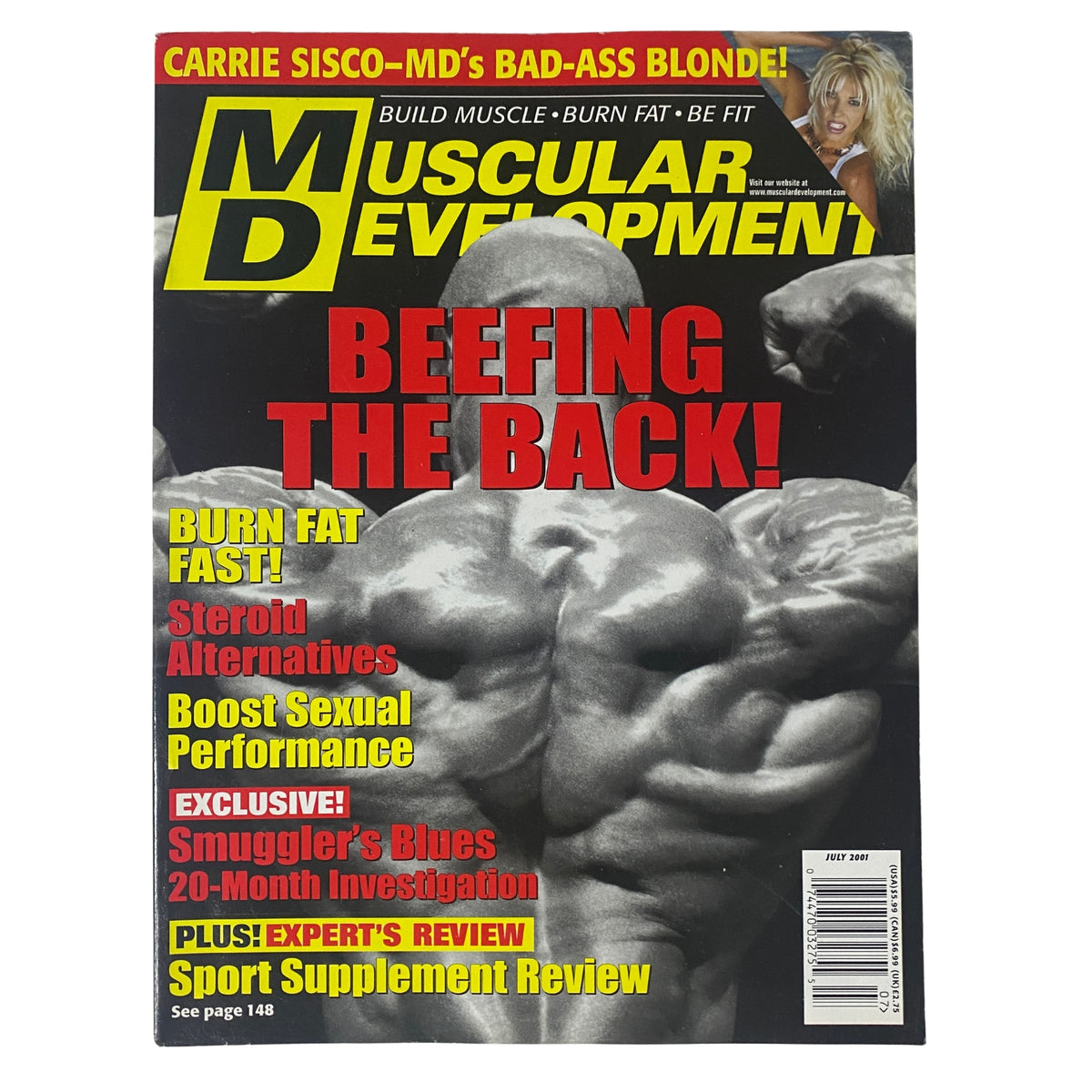 Muscular Development Magazine July 2001 cover featuring the headline 'Beefing the Back!' and a promotional highlight for Carrie Sisco, showcasing topics like fat loss, steroid alternatives, and a 20-month investigation.