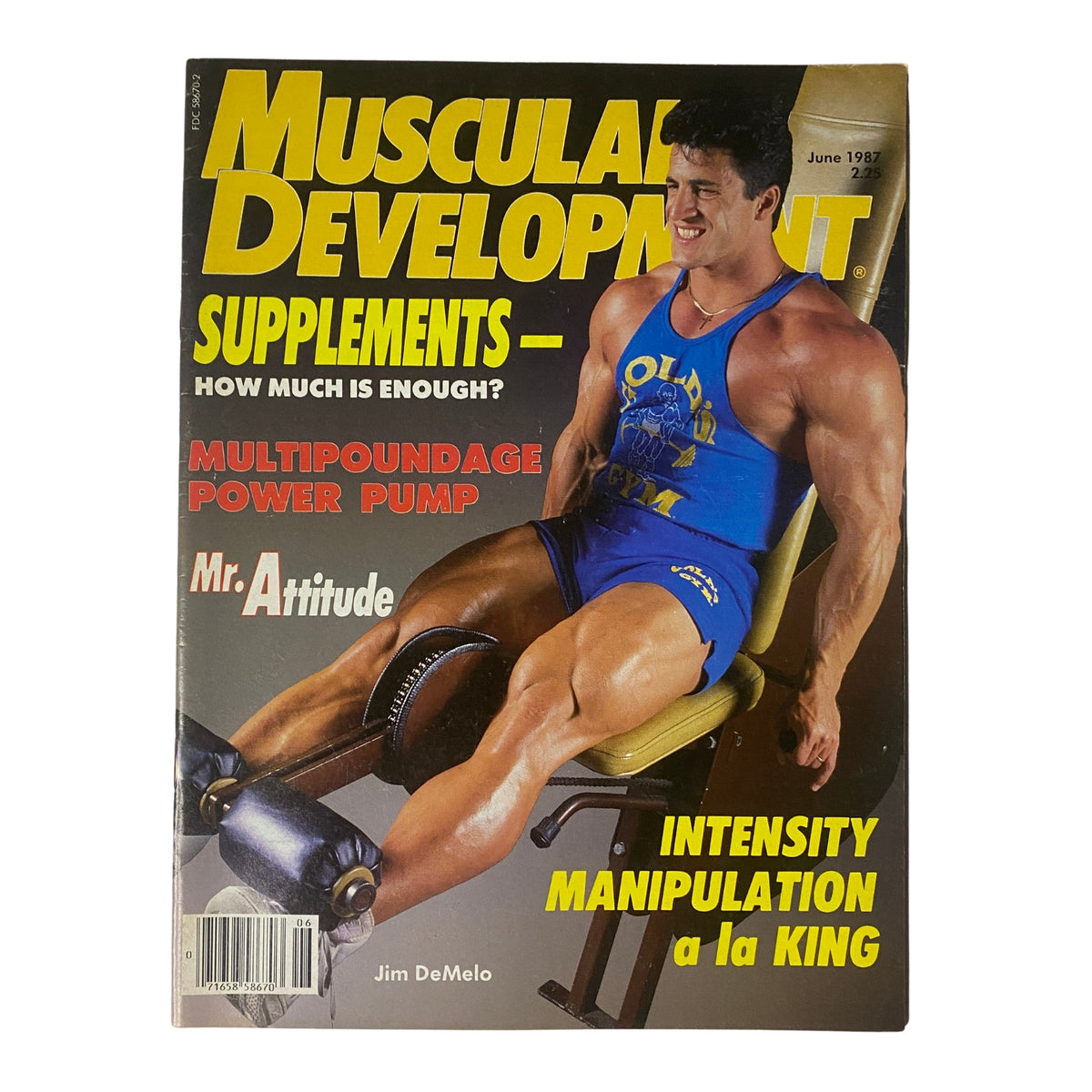 Cover of Muscular Development Magazine June 1987 featuring James DeMelo, with the title 'SUPPLEMENTS - HOW MUCH IS ENOUGH?' and articles on 'Multipoundage Power Pump' and 'Intensity Manipulation a la KING.' This vintage issue highlights bodybuilding themes and techniques.