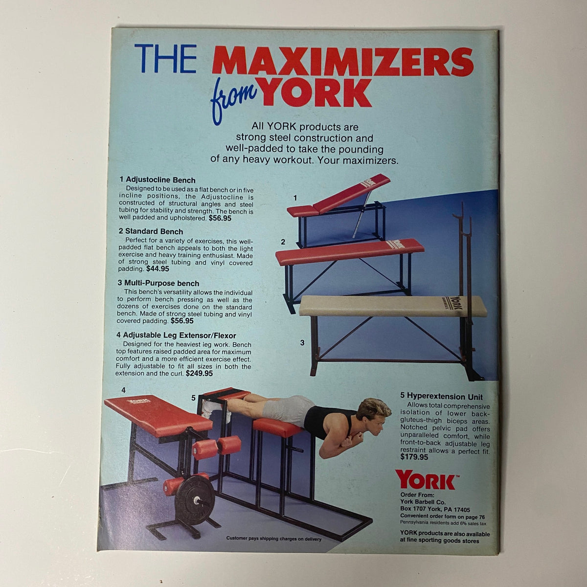 Advertisement for York's Maximizers, highlighting various adjustable gym benches and equipment, featured in Muscular Development Magazine June 1987.
