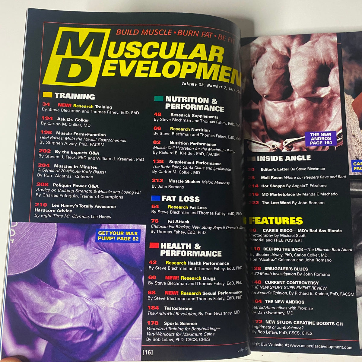 Interior page of Muscular Development Magazine July 2001 displaying the table of contents, summarizing featured sections on training, nutrition, and health, along with investigative articles.