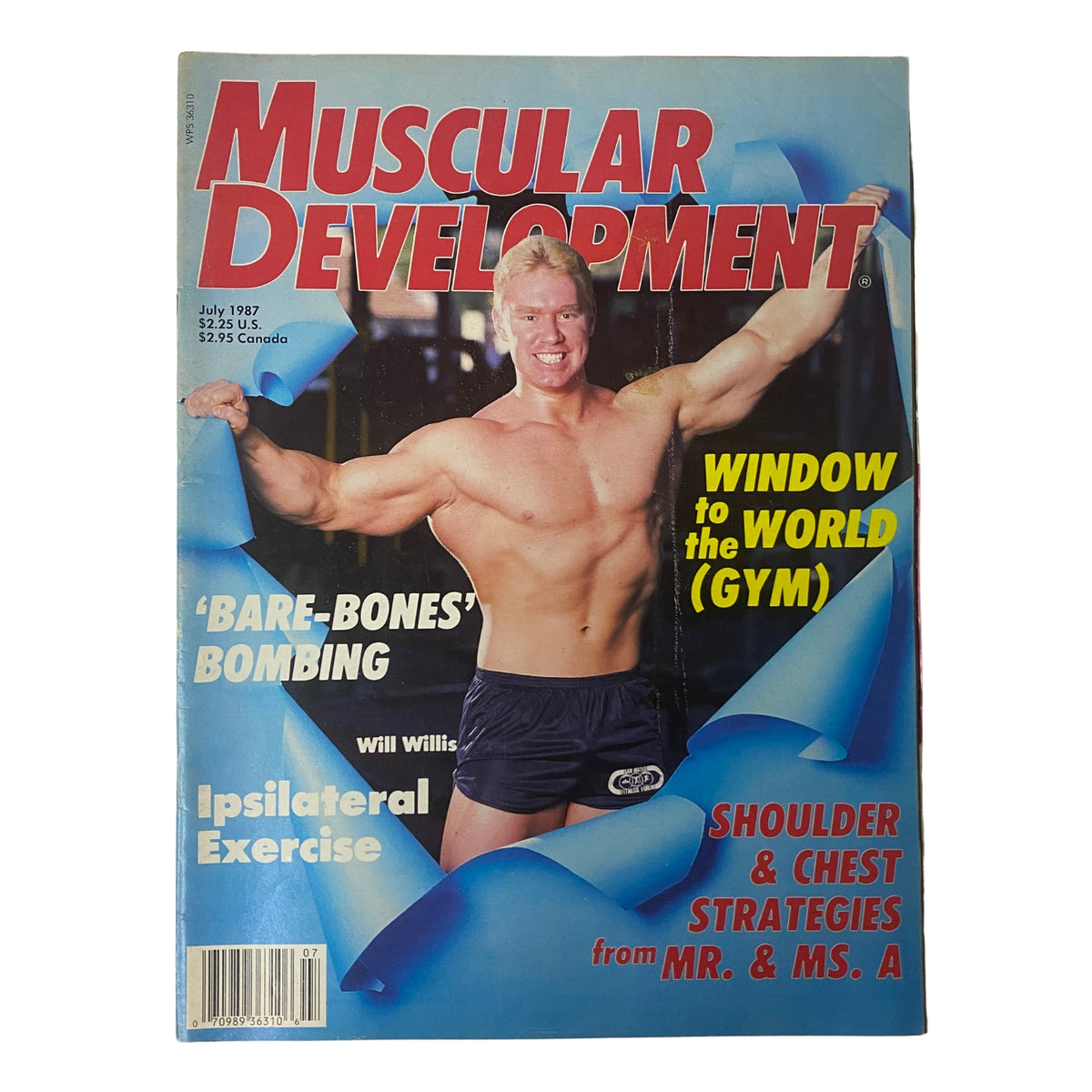 Cover of Muscular Development Magazine, July 1987, Volume 24, Number 7 featuring Will Willis. The cover highlights 'Window to the World (Gym)' and includes images promoting shoulder and chest strategies.
