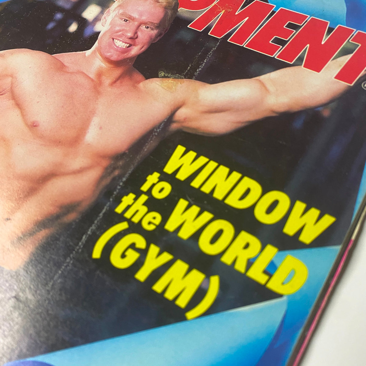 Close-up of the cover text from Muscular Development Magazine, July 1987, Volume 24, Number 7 showcasing 'Window to the World (Gym)' alongside Will Willis.