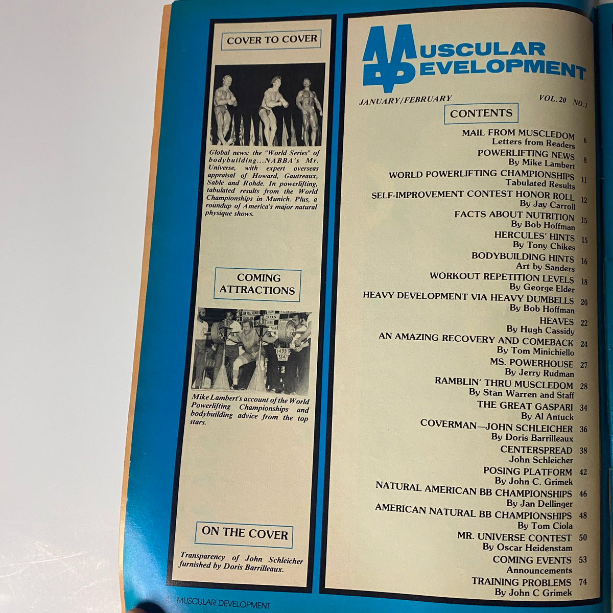 Inside page of Muscular Development Magazine February 1983 displaying table of contents with features on powerlifting, bodybuilding tips, and articles by notable figures like John C. Grimek.