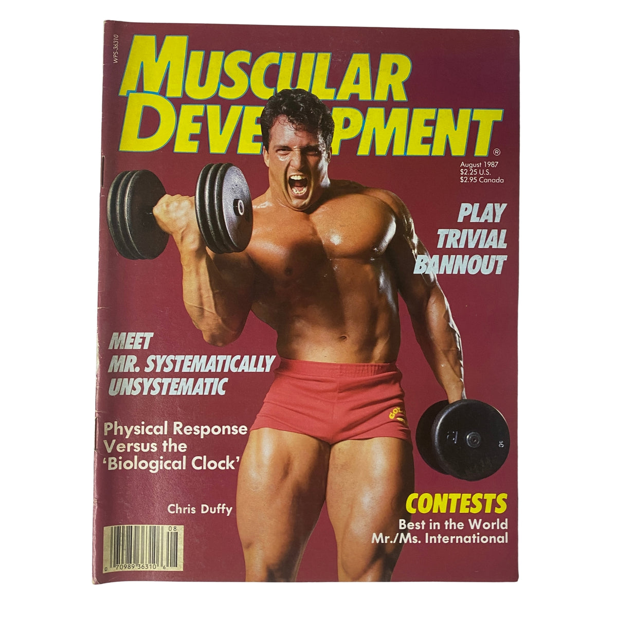Cover of Muscular Development Magazine, August 1987, Vol 24 No. 8 featuring Chris Duffy. The image displays Chris Duffy showcasing muscle strength with dumbbells, promoting physical fitness, body building, and contests like Mr. America and Mr. International.