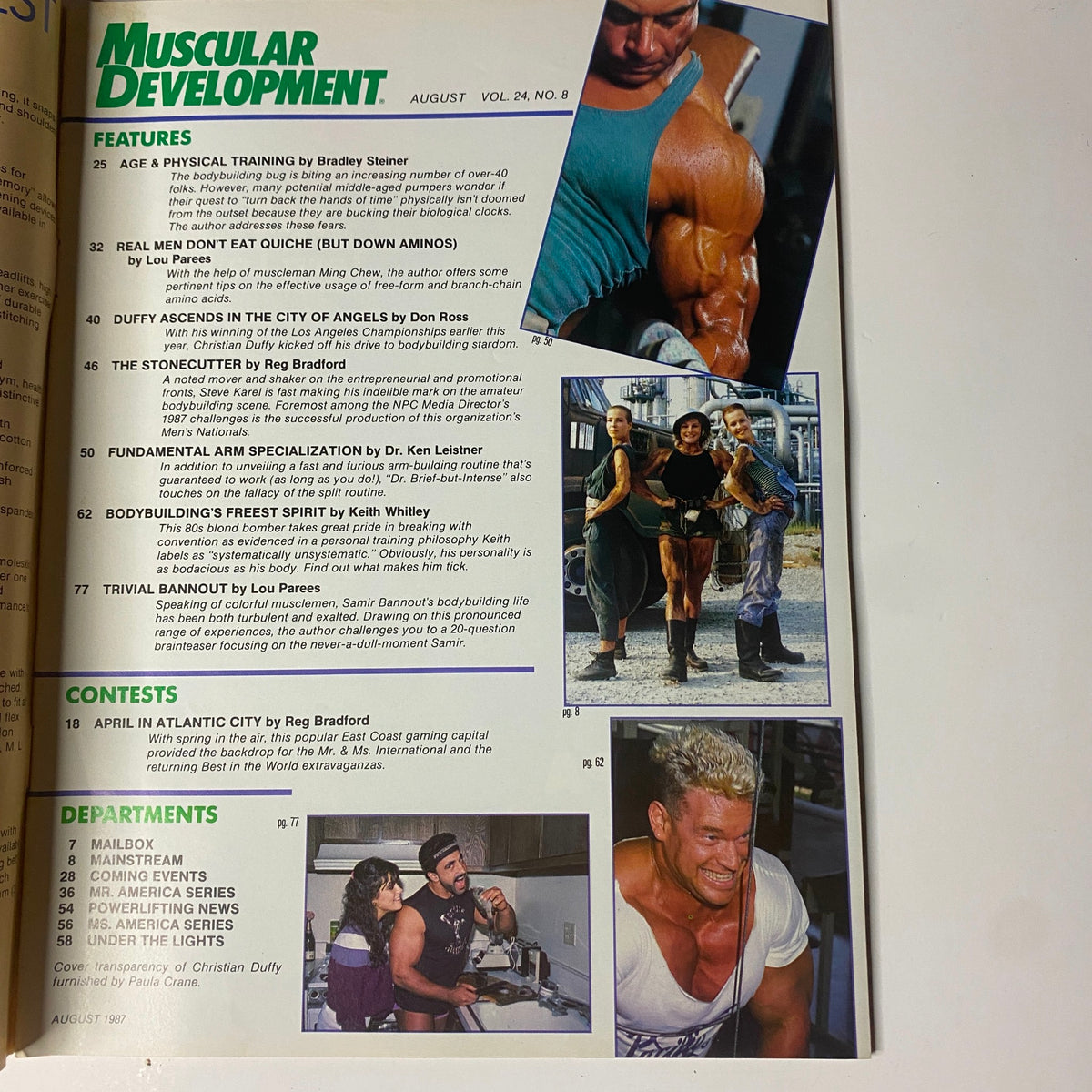 Muscular Development Magazine August 1987 Vol 24 No. 8 featuring contents overview including articles such as 'Age and Physical Training' by Bradley Steiner and 'Duffy Ascends in the City of Angels' by Don Ross, showcasing fitness insights and bodybuilding features.