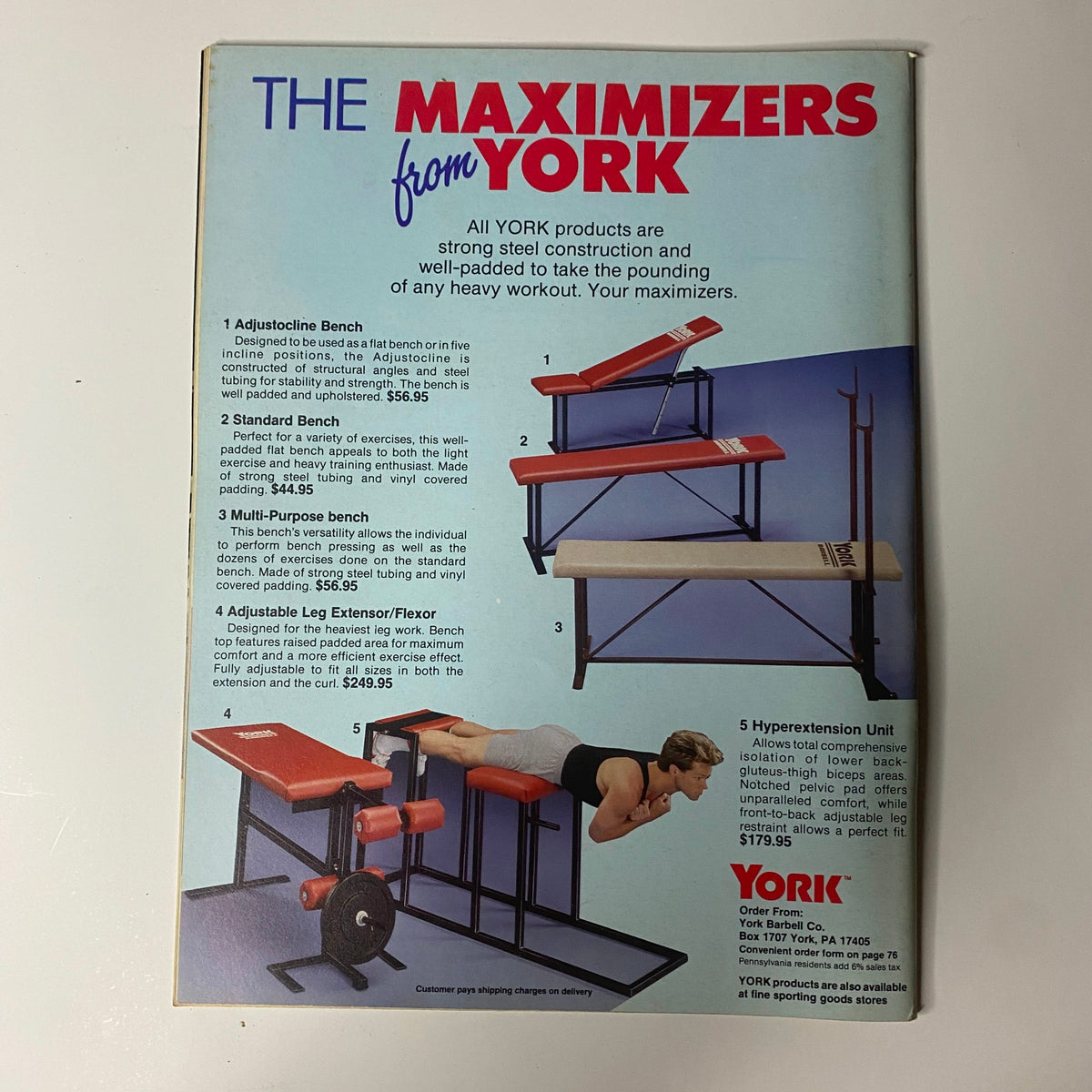 Back cover of Muscular Development Magazine August 1987 Vol 24 No. 8 highlighting York fitness products, including adjustable benches and a hyperextension unit designed for effective workouts.