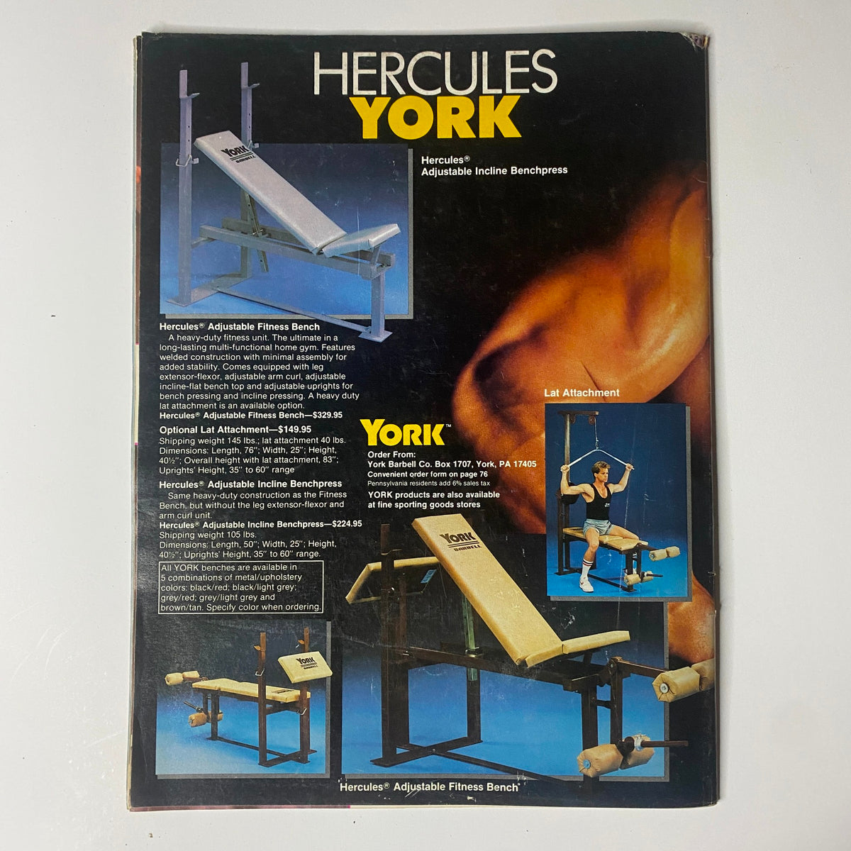 Back cover of Muscular Development Magazine September 1987 advertising the Hercules Adjustable Fitness Bench with images demonstrating its use.