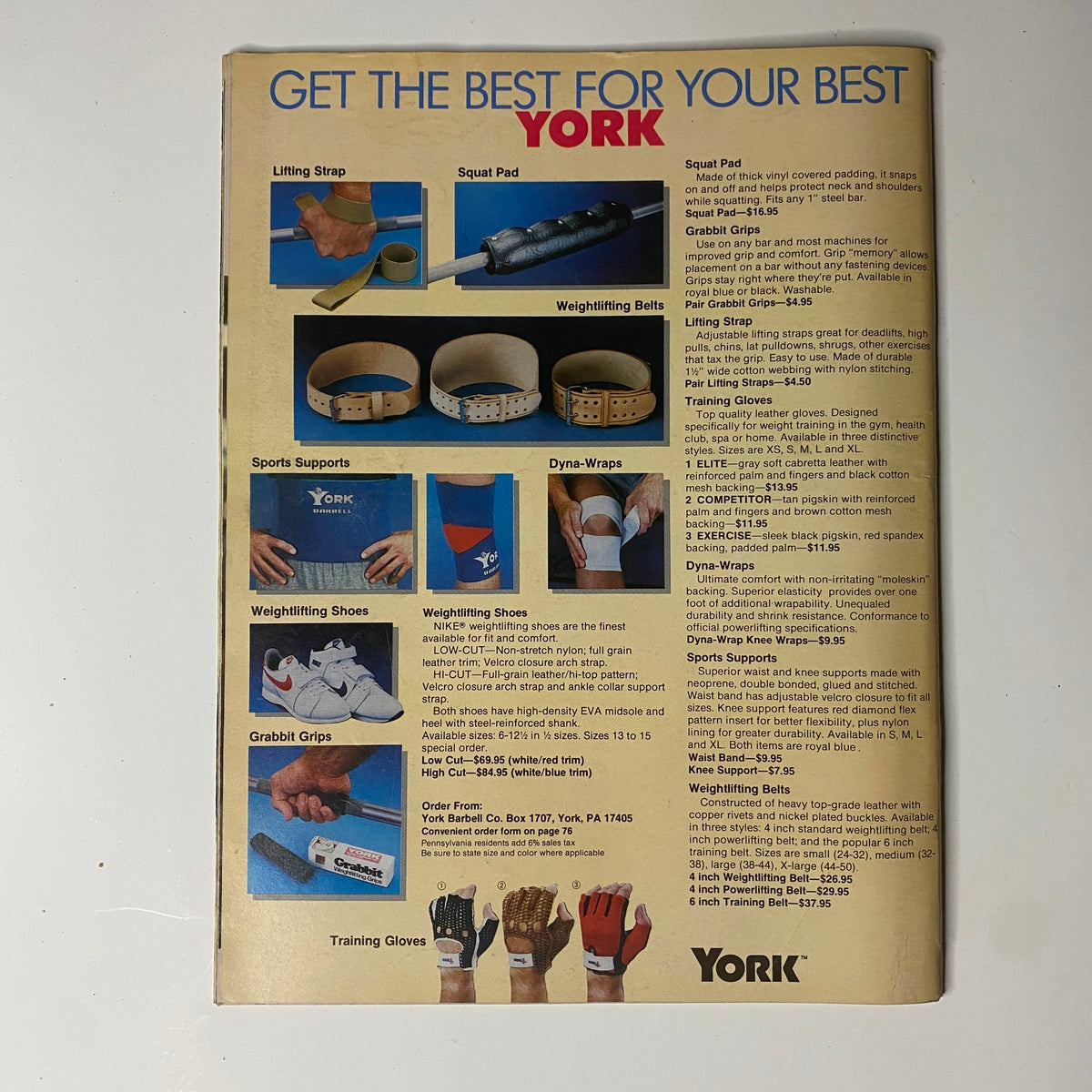 Back cover of Muscular Development Magazine October 1987 showcasing York fitness products for bodybuilding, including lifting straps and weightlifting belts.