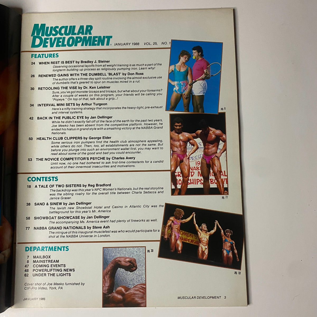 Muscular Development Magazine January 1988 Table of Contents highlighting key articles and features including 'When Rest Is Best', 'Renewed Gains with the Dumbbell Blast', and 'Retooling the Vise'.