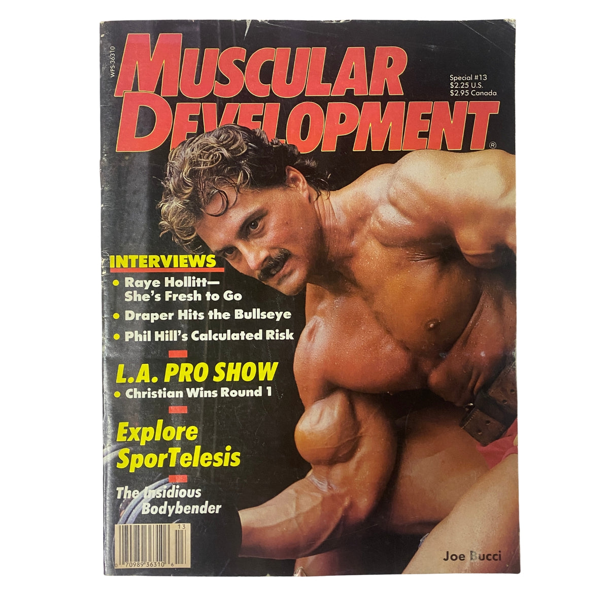 Cover of Muscular Development Magazine June 1988 featuring Joe Bucci, showcasing bodybuilding interviews and articles, highlighted by bold red text and an action shot.