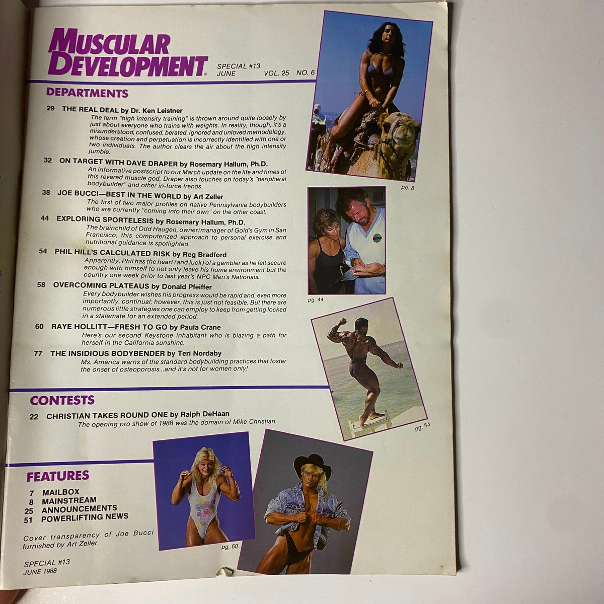 Inside page of Muscular Development Magazine June 1988 listing departments and features like interviews with bodybuilders and articles on training techniques.