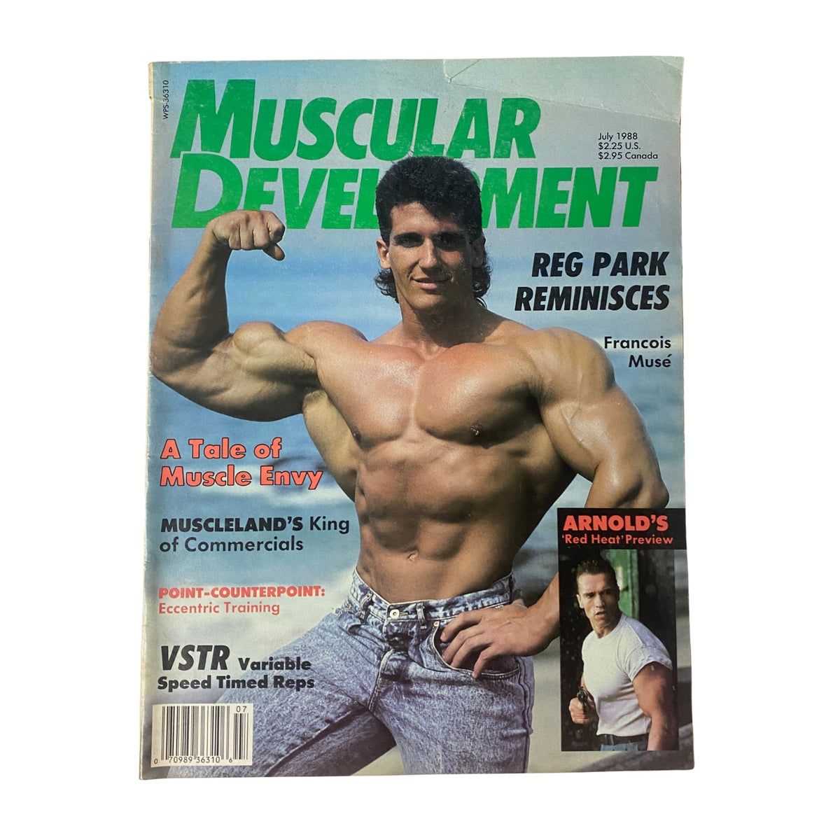 Cover of Muscular Development Magazine July 1988 featuring Francois Musé and Reg Park with headlines on articles about muscle training, featuring the movie Red Heat.