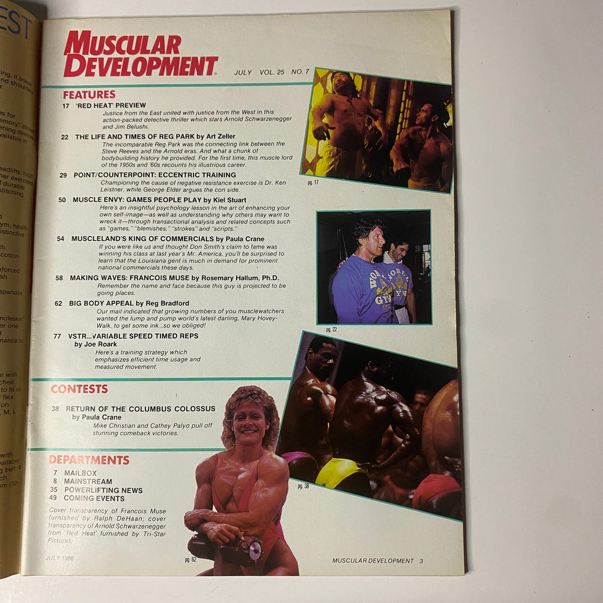 Inside page of Muscular Development Magazine July 1988, listing featured articles like 'Red Heat Preview' and 'Point/Counterpoint: Eccentric Training'.
