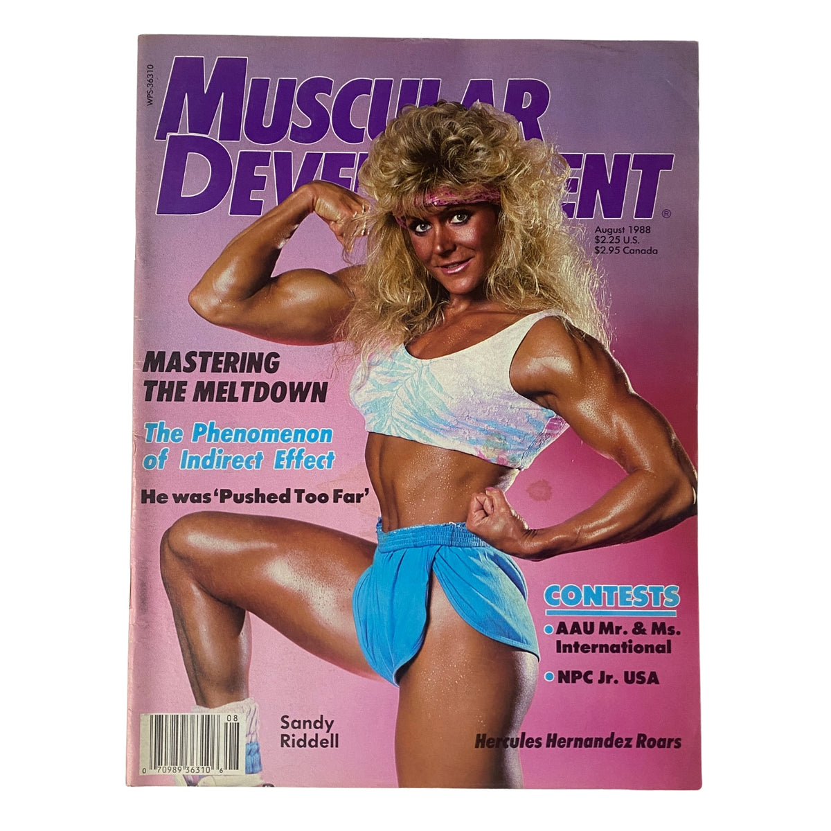 Cover of Muscular Development Magazine, August 1988 featuring Sandy Riddell, showcasing fitness and bodybuilding themes with the headline 'Mastering the Meltdown'.