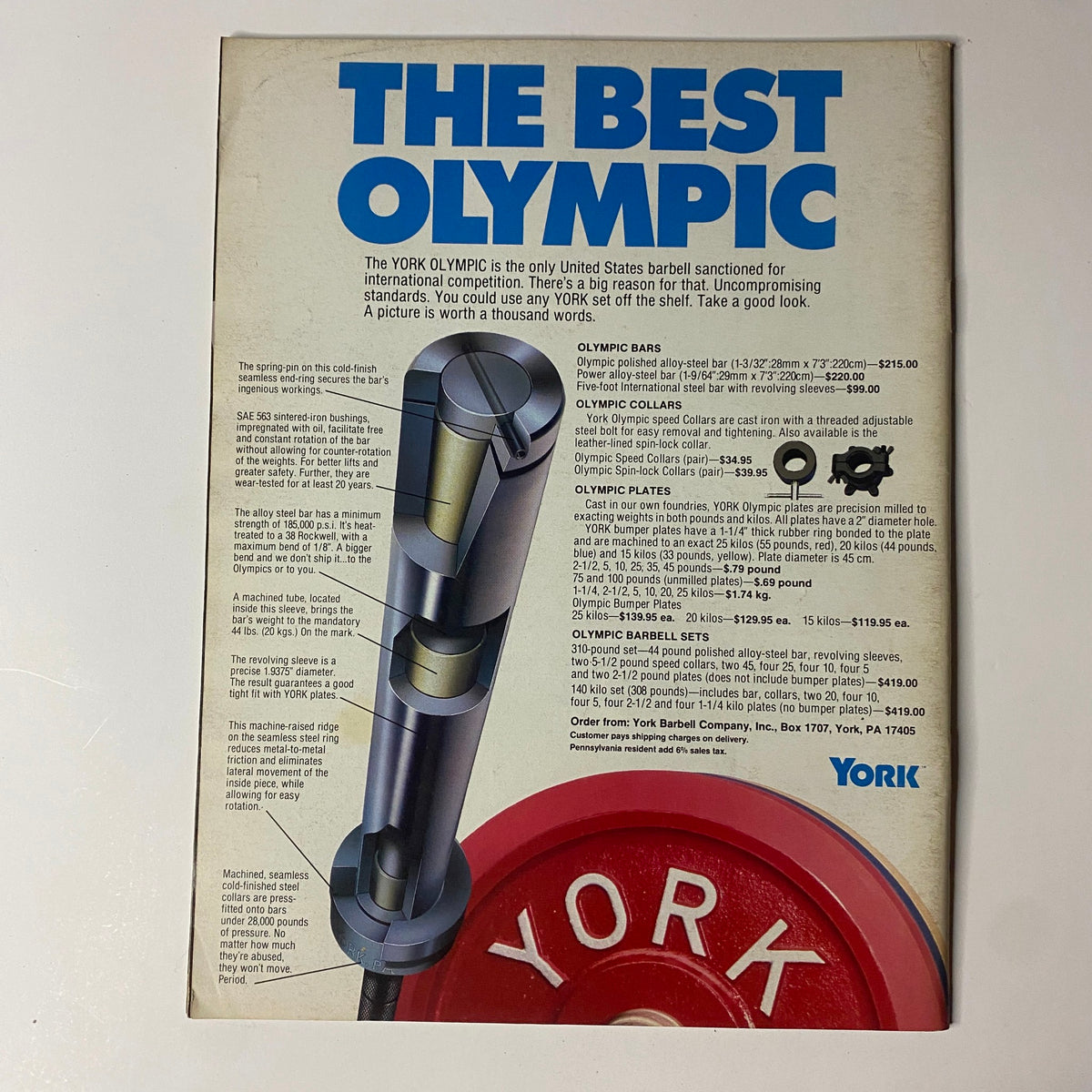 Back cover of Muscular Development Magazine August 1988 showcasing an advertisement for York Olympic weightlifting equipment, emphasizing quality and precision for serious weightlifters.