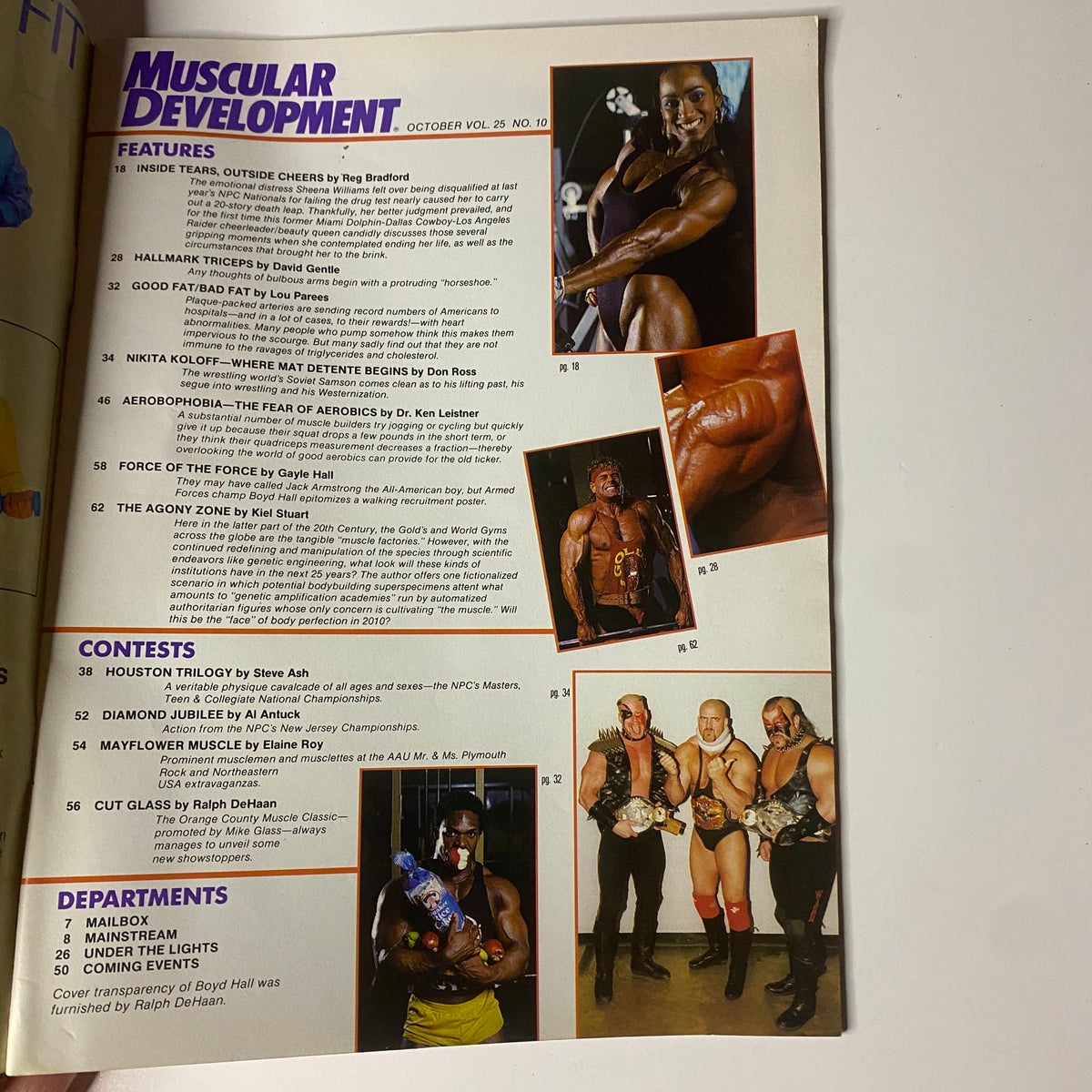 Inside page of Muscular Development Magazine, October 1988, displaying articles and features including Hallmark Triceps and Nikita Koloff interview, along with contest information.
