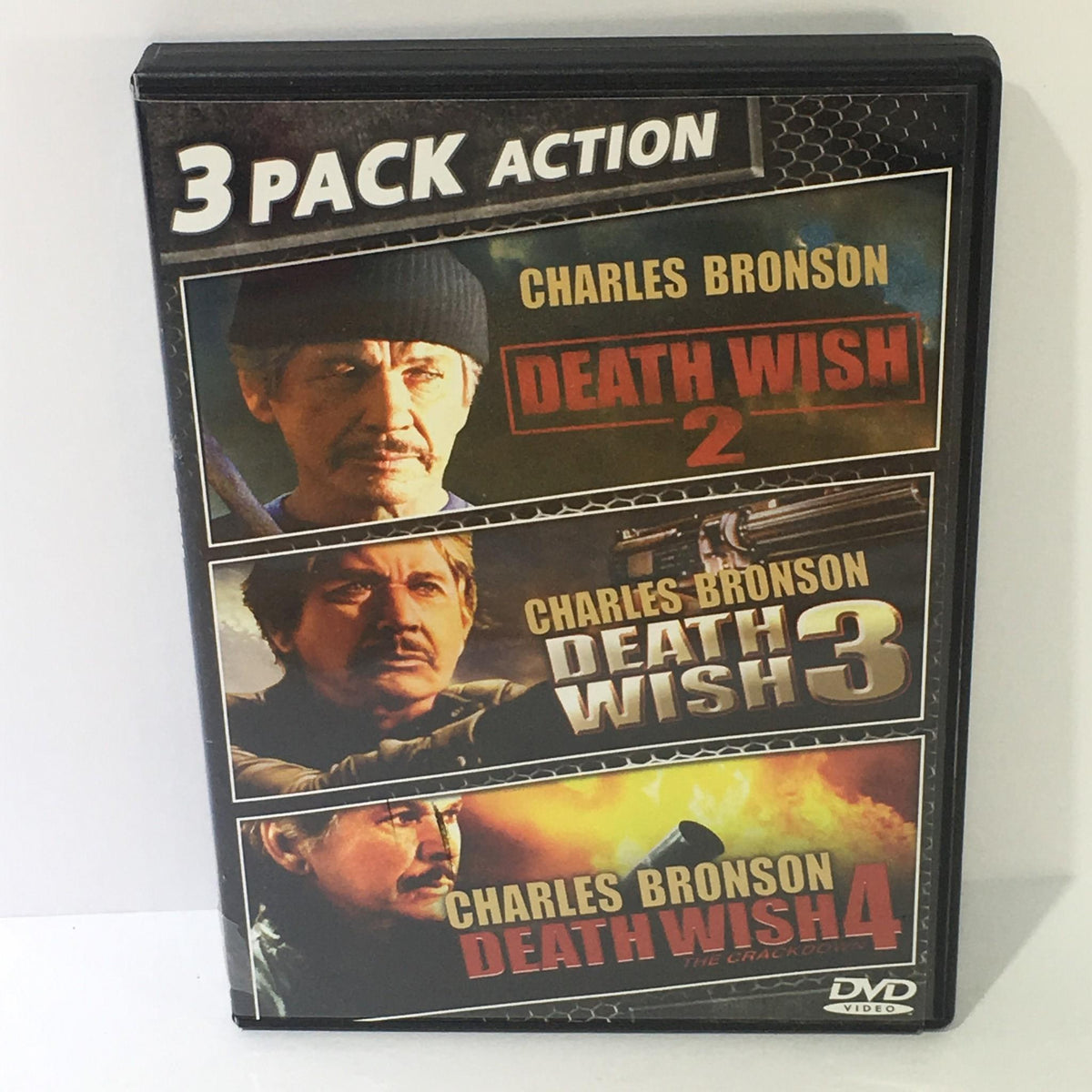 Death Wish 2, 3, and 4 DVD featuring Charles Bronson on the cover. Showcasing a three-pack action movie collection.