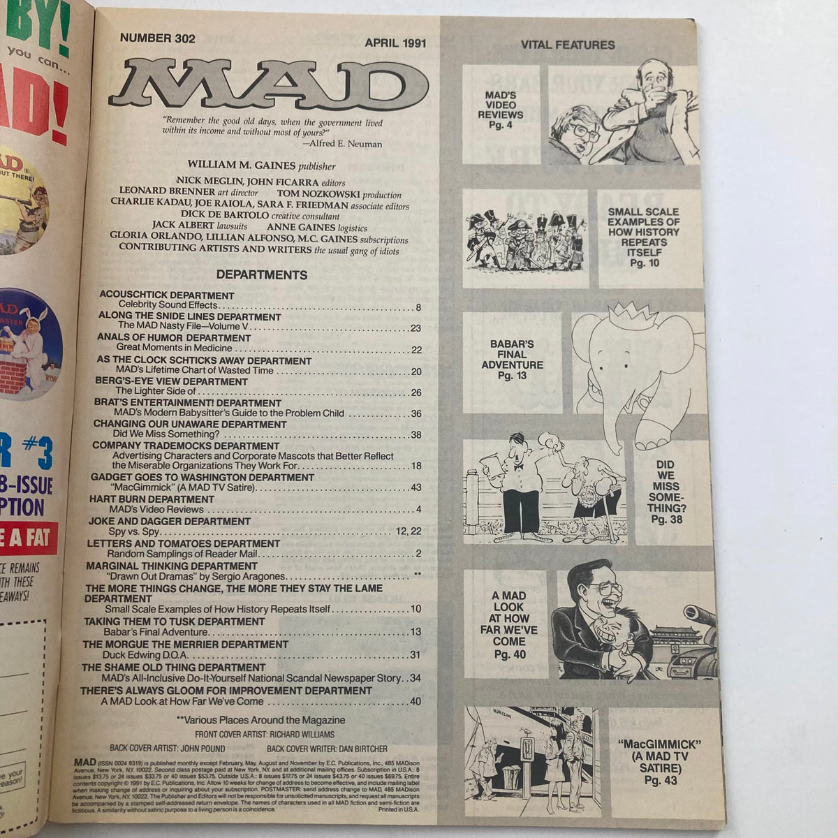 Inside page of Mad Magazine April 1991 No. 302 showcasing the table of contents, highlighting various features and departments within the magazine that offer a mix of humor and satire.