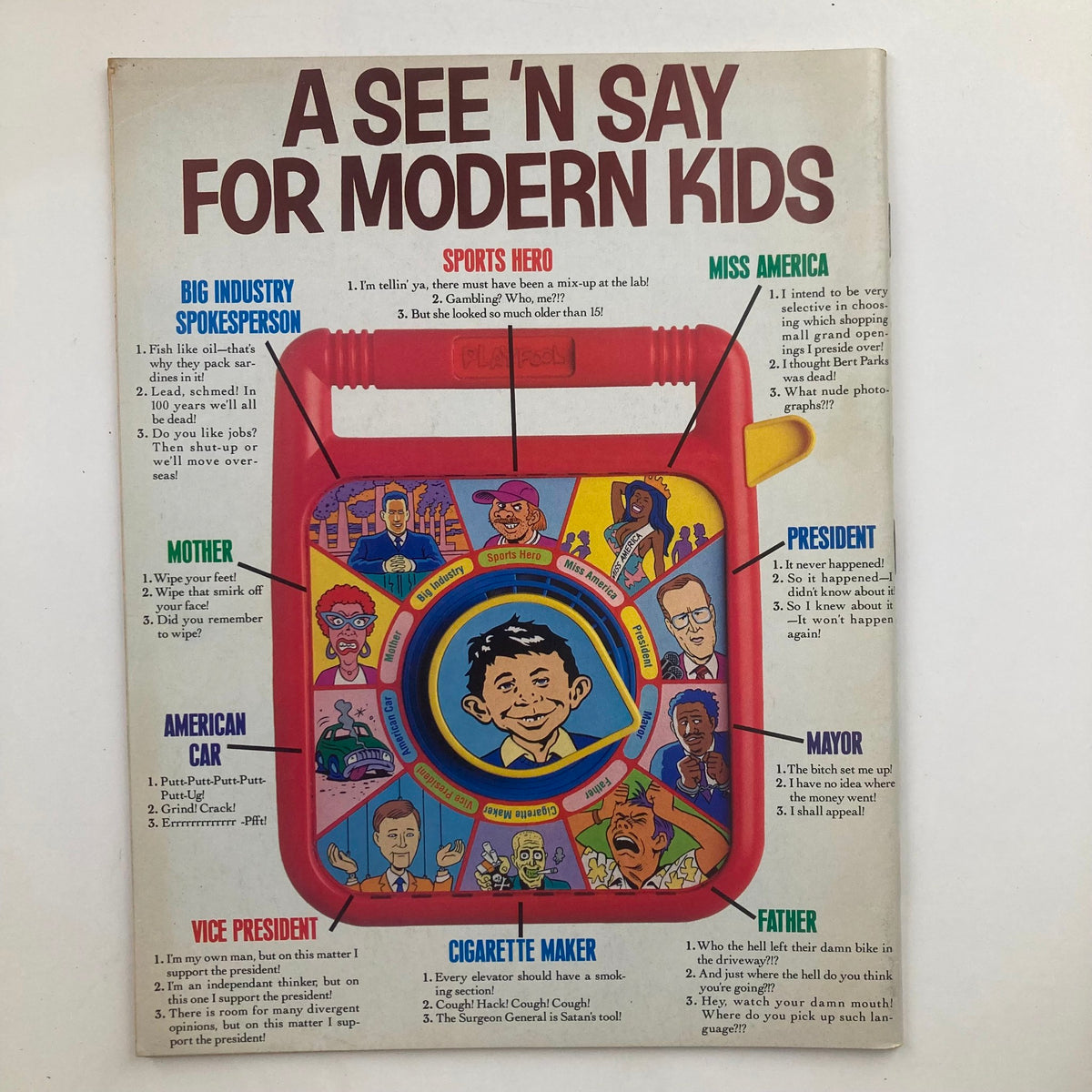An advertisement page from Mad Magazine April 1991 No. 302, displaying a humorous take on a children's toy with sarcastic references, embodying the magazine's signature parody style.