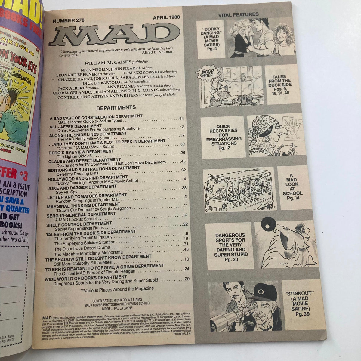 Inside page of Mad Magazine April 1988 No. 278 displaying the table of contents, highlighting various humorous features and sections.
