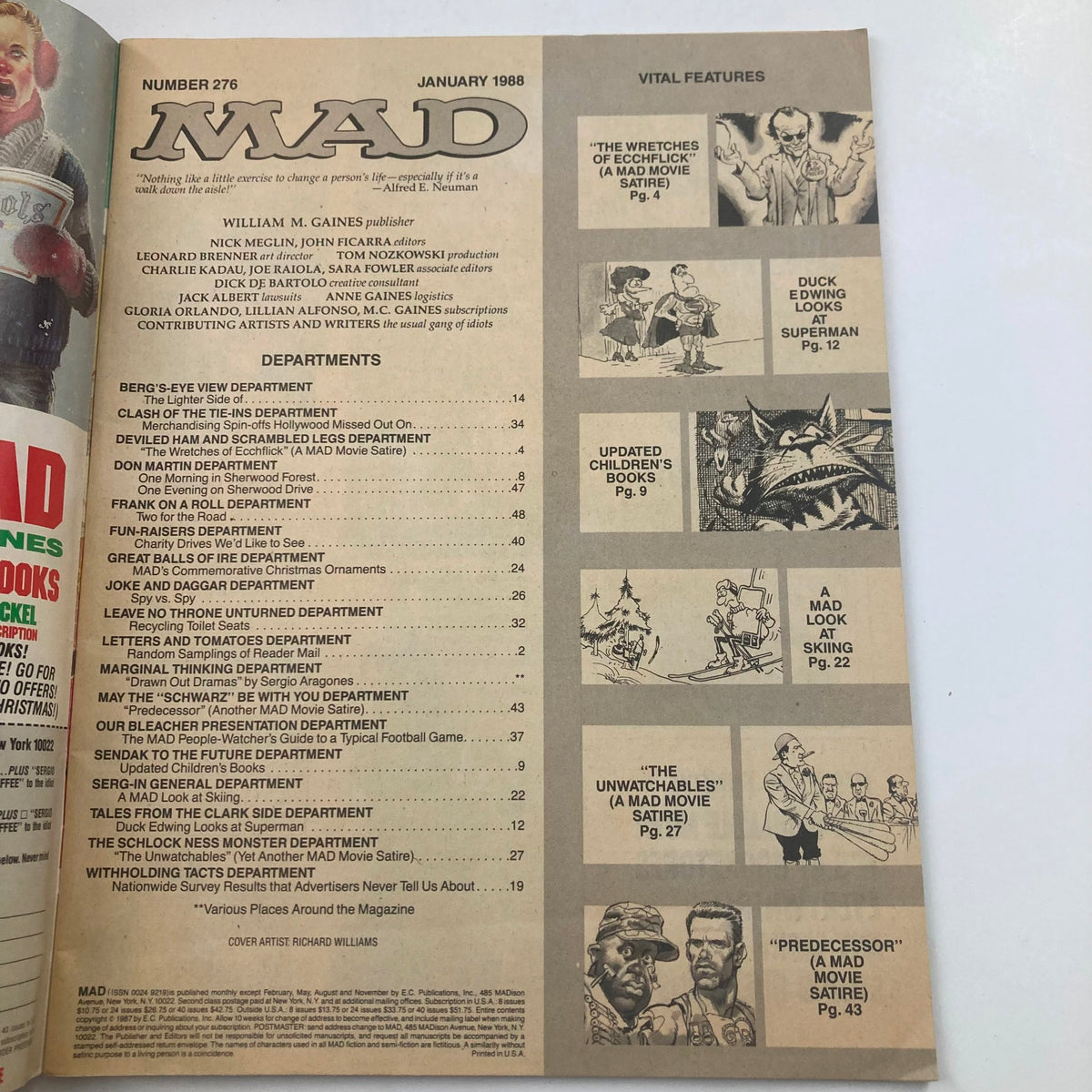 Inside page of Mad Magazine January 1988 No. 276 titled The Wretches of Ecchflick, showcasing the vital features and table of contents with humorous illustrations.