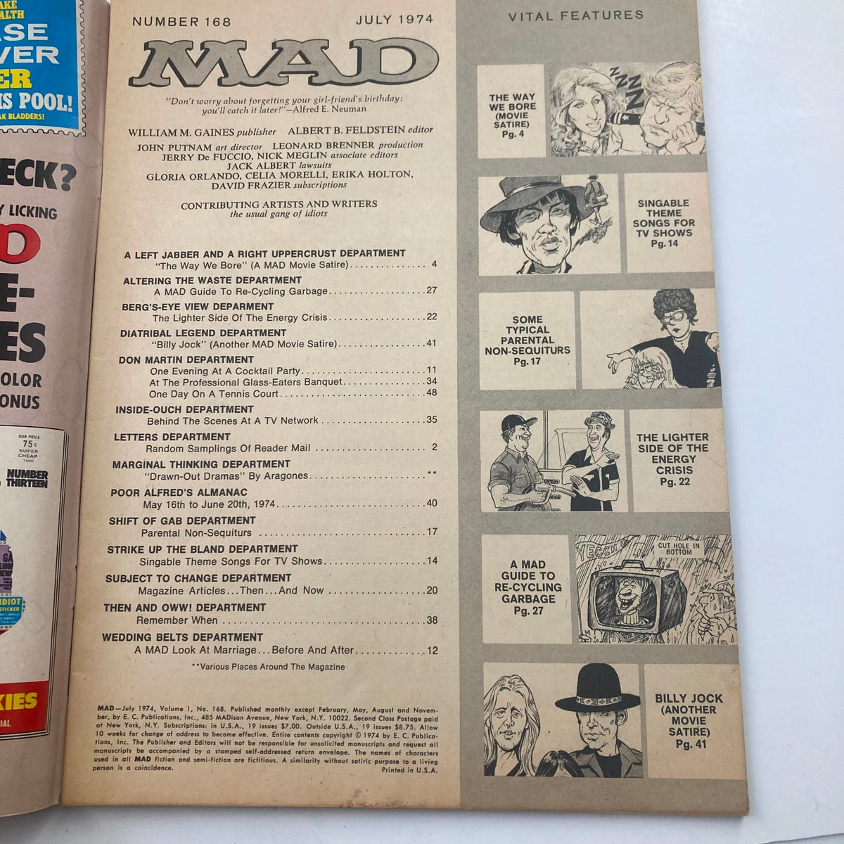 Inside page of Mad Magazine July 1974 No. 168 displaying the table of contents with various satirical features and sections reflecting the magazine's humorous take on societal issues of the time.
