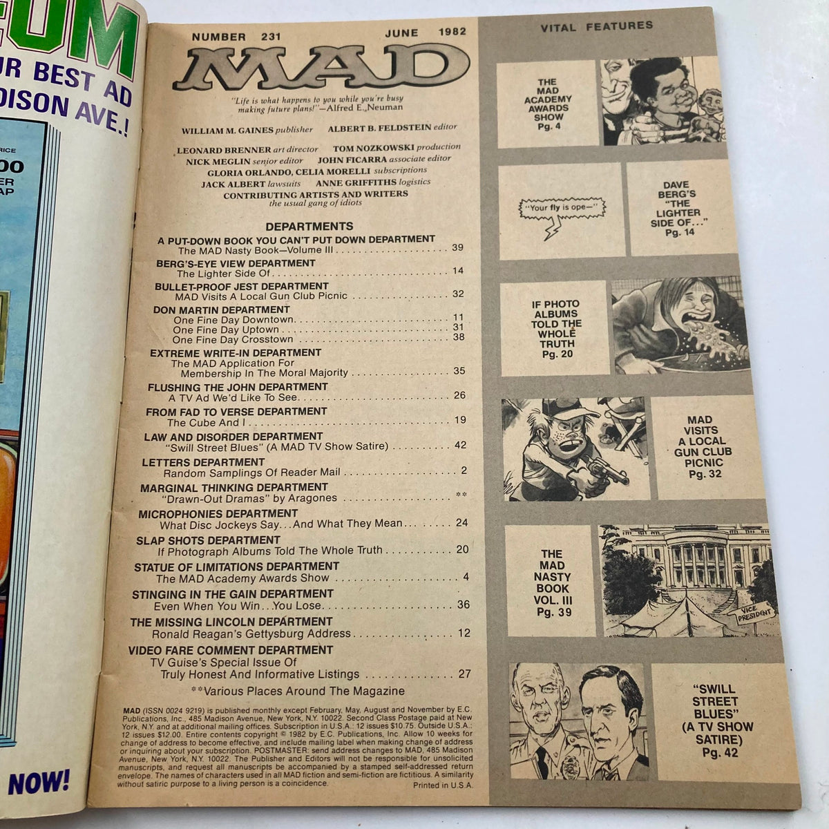 Table of contents for Mad Magazine June 1982 No. 231, listing features and departments such as 'The MAD Academy Awards Show,' epitomizing the magazine's blend of humor and pop culture commentary.