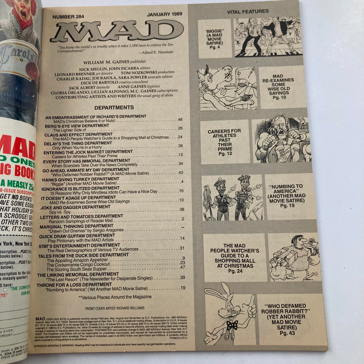 Inside page of Mad Magazine January 1989, Issue No. 284 showcasing the table of contents with various articles and sketches relevant to the issue.