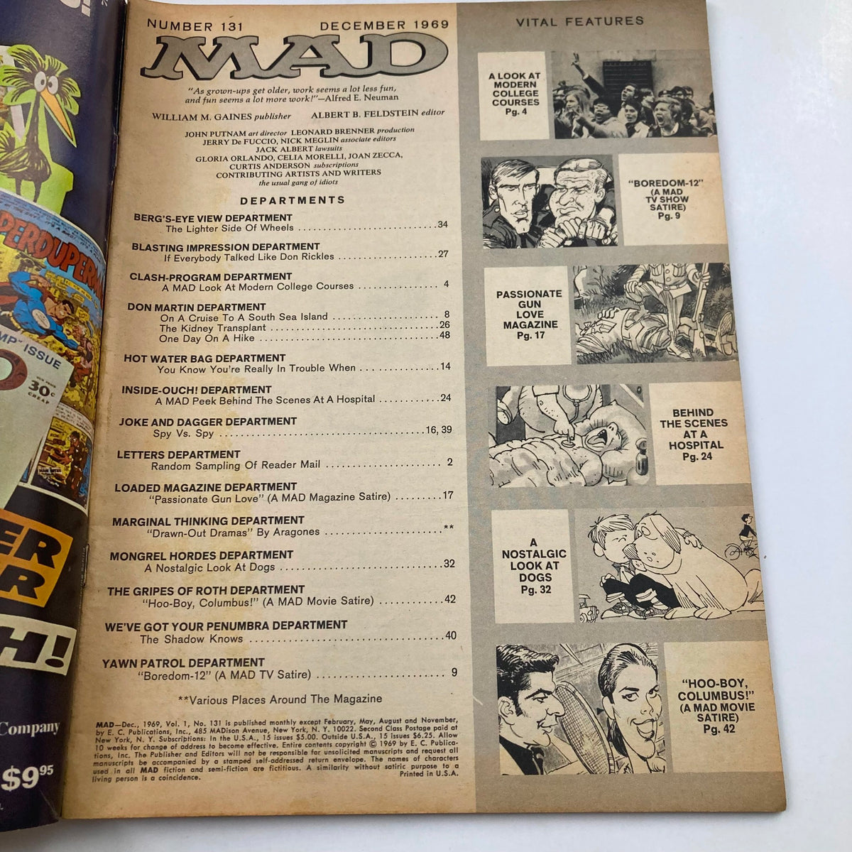 Interior page of Mad Magazine December 1969 No. 131 displaying the table of contents with various satirical sections and features.