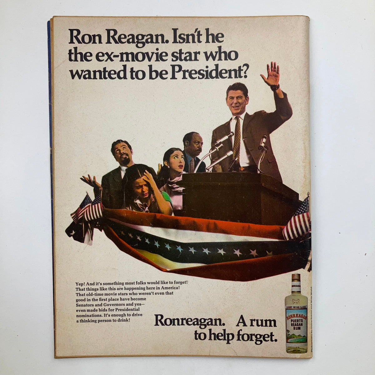 Back cover of Mad Magazine December 1969 No. 131 showcasing a satirical advertisement related to Ron Reagan.