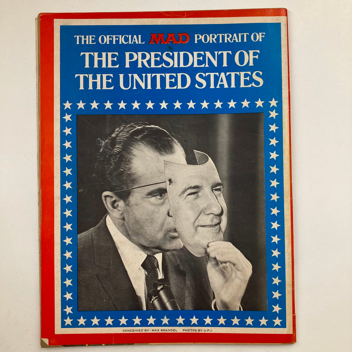Back cover of Mad Magazine June 1970 No. 135 displaying an iconic graphic of Richard Nixon with a comical mask, emphasizing the satirical take on politics in the issue.