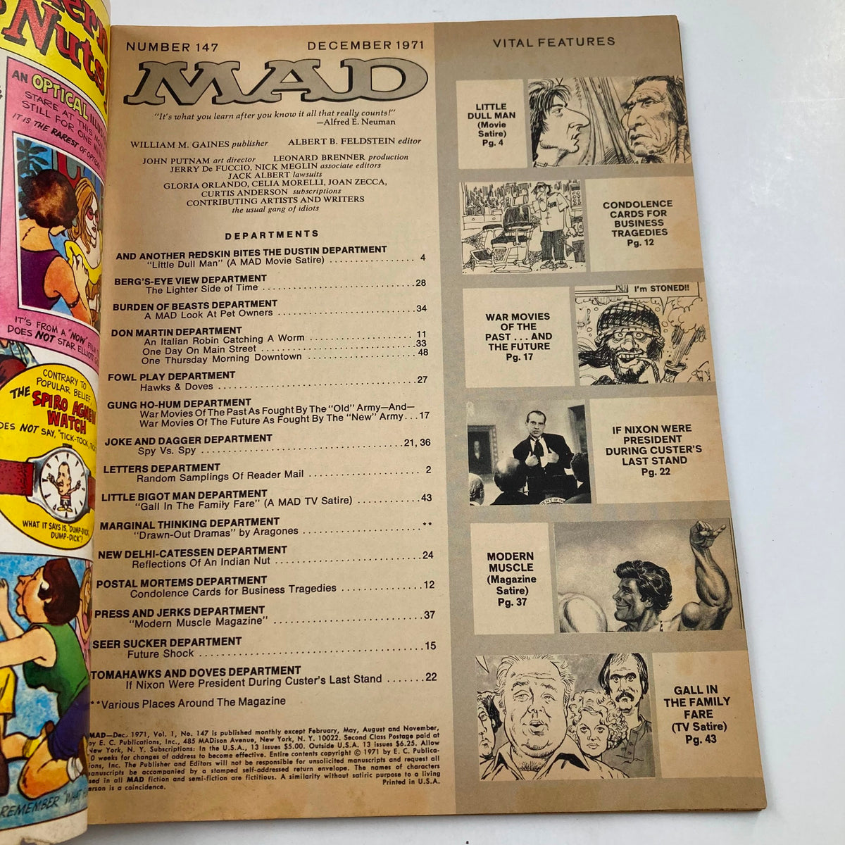 Inside page of Mad Magazine December 1971 No. 147 featuring the table of contents and listings of departments including 'Little Dull Man' and 'War Movies of the Past.' This issue showcases the magazine's signature humor and satire from the 1970s.