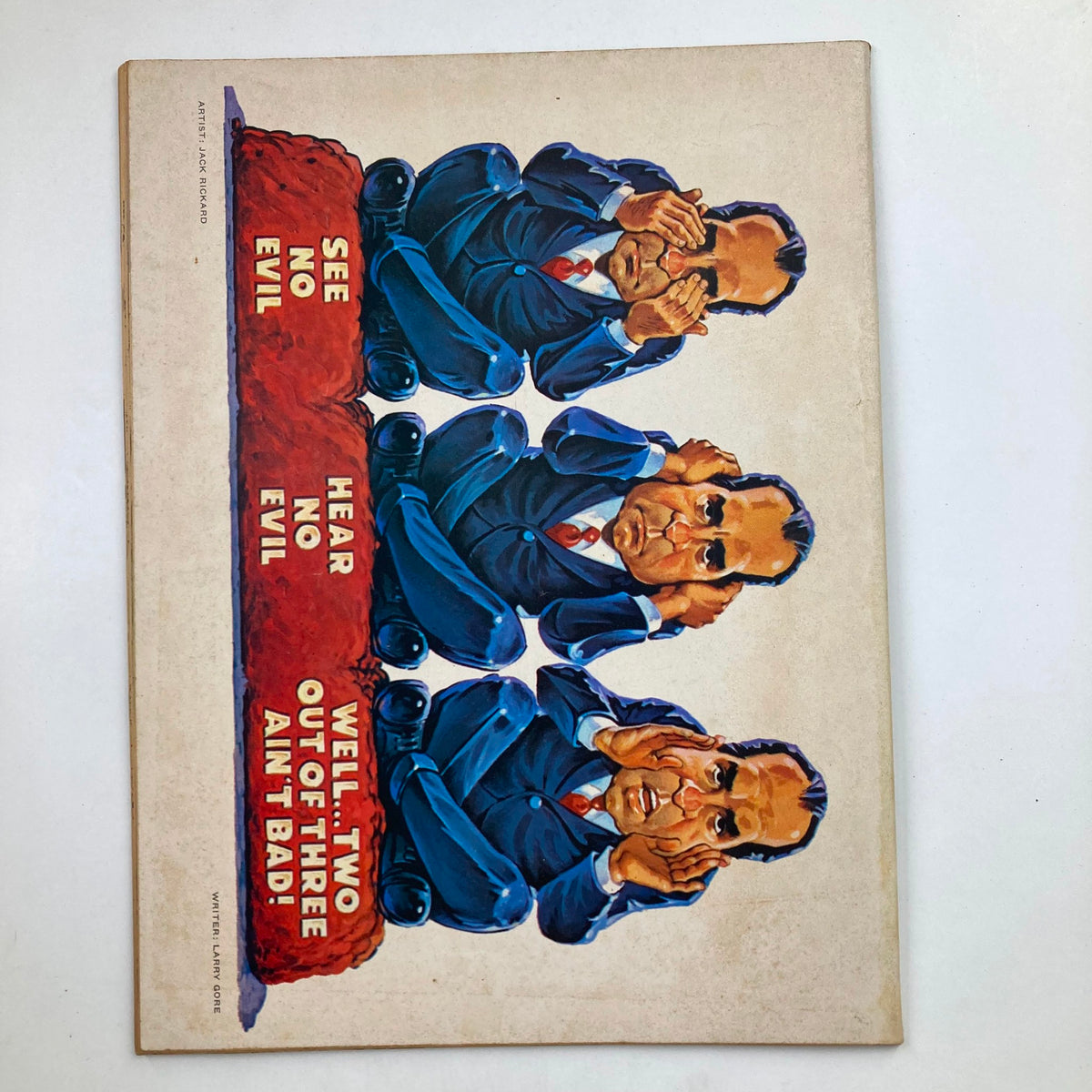 Back cover of Mad Magazine December 1971 No. 147, illustrating a satirical cartoon of Richard Nixon with the phrase 'See No Evil, Hear No Evil, Well - Two Out Of Three Ain't Bad.' Reflects the political satire characteristic of the magazine.