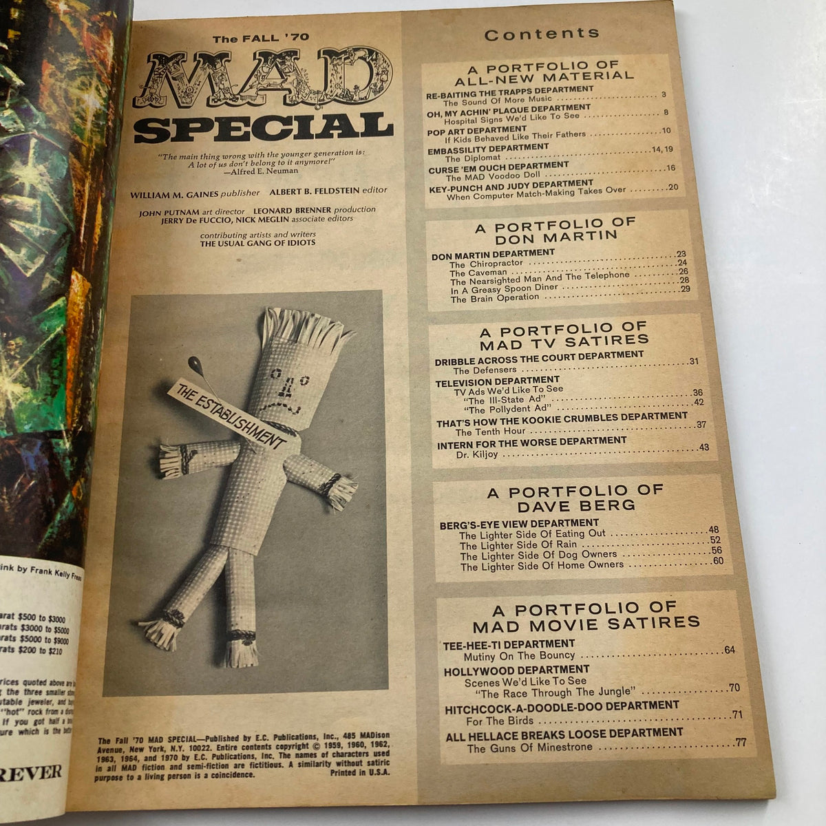 Interior page of Mad Magazine Special 1970 containing the table of contents, outlining various portfolios by Don Martin and Dave Berg, highlighting the magazine's comedic themes.