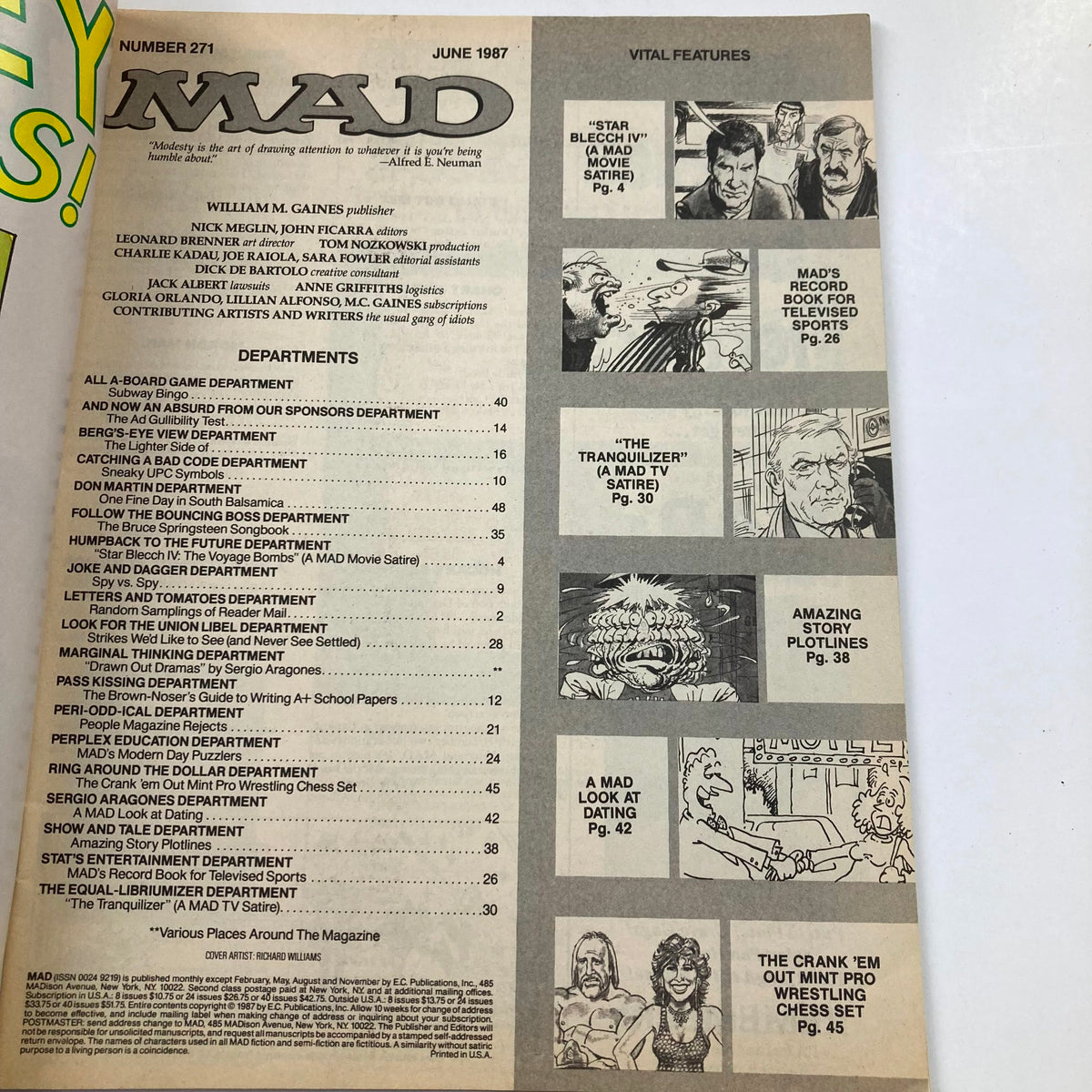 Interior page of Mad Magazine June 1987 No. 271 highlighting contents and features including articles and satirical segments.