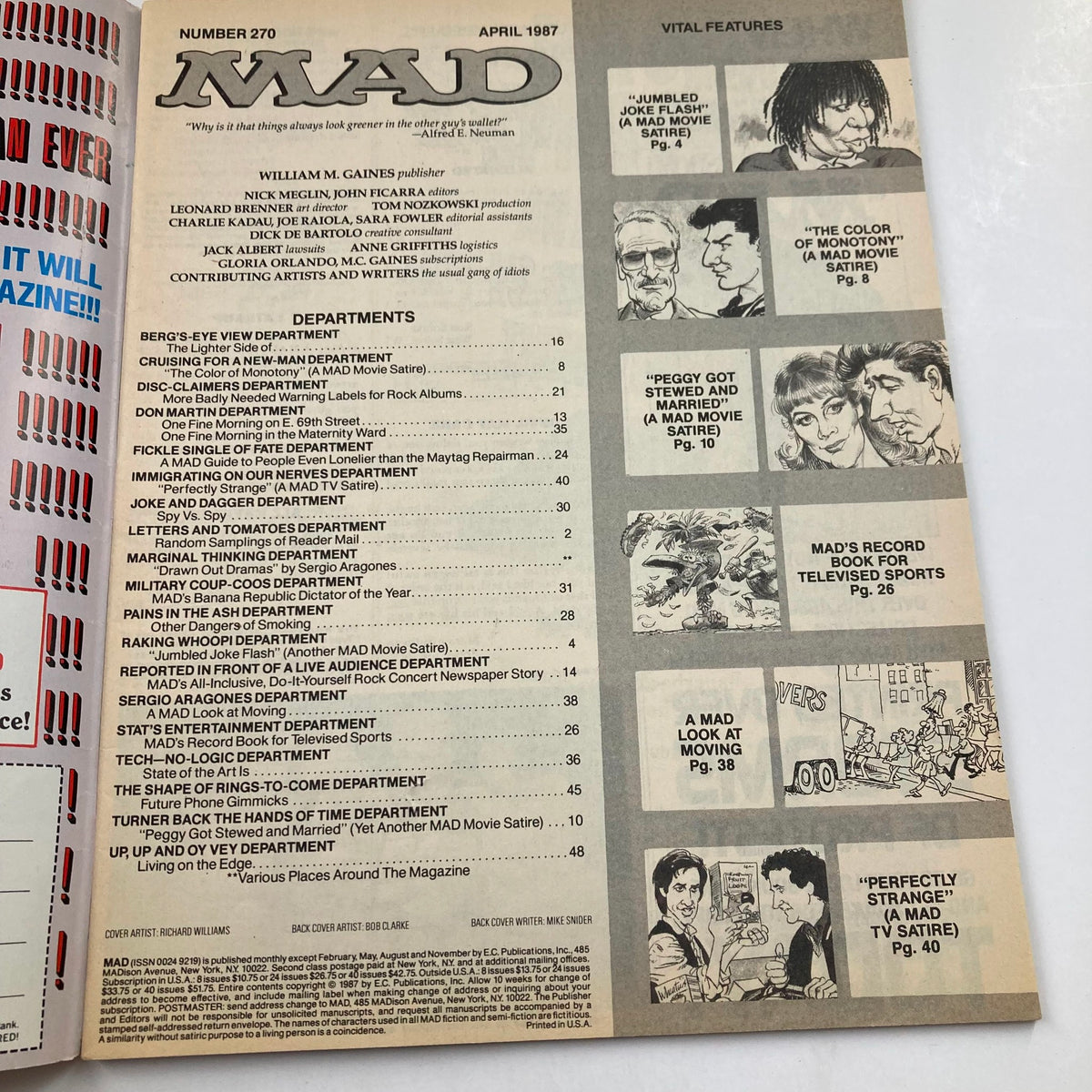 Table of contents from Mad Magazine April 1987 No. 270, highlighting featured satire articles and illustrations.