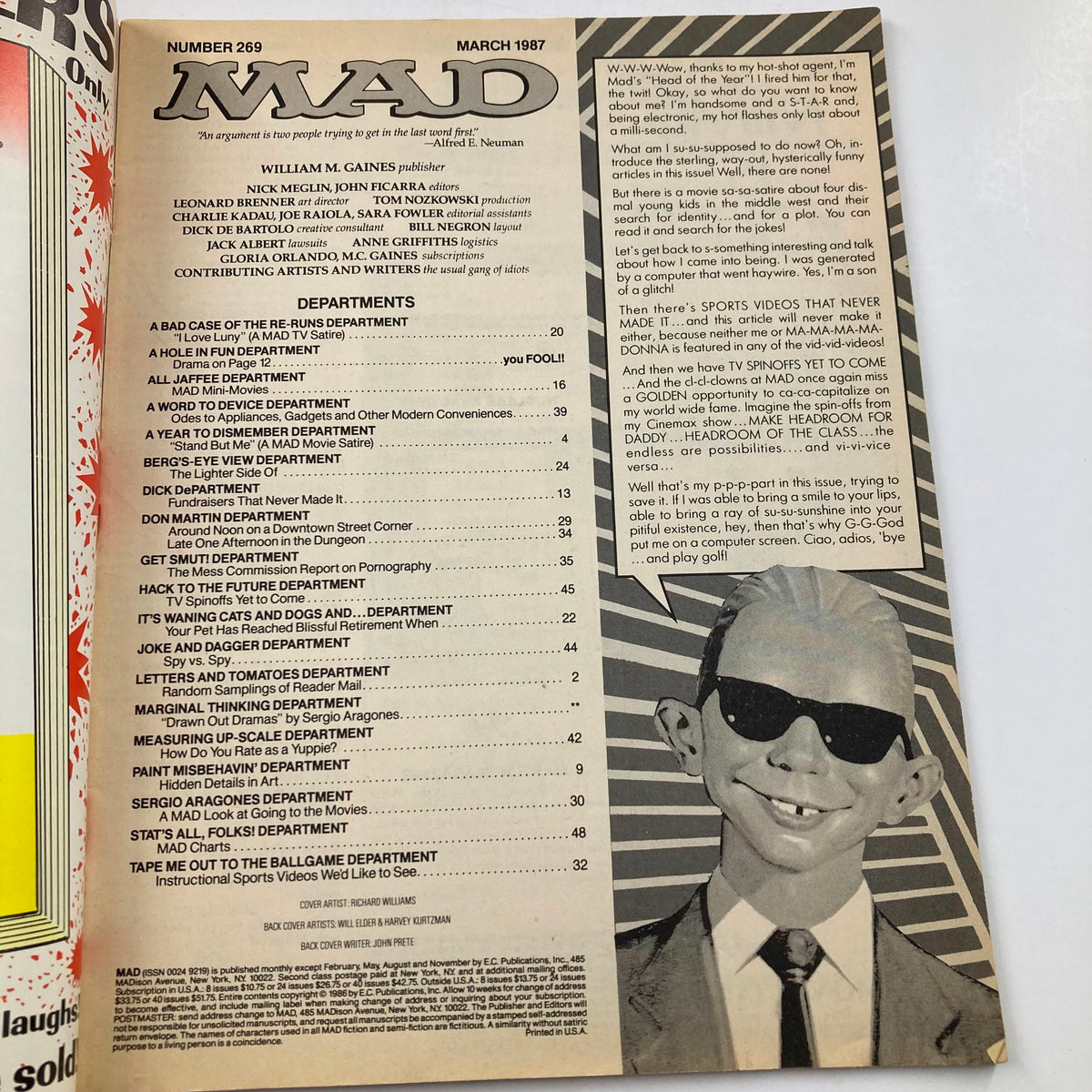 Interior page of Mad Magazine March 1987 No. 269 displaying the table of contents with a humorous illustration of Alfred E. Headroom.