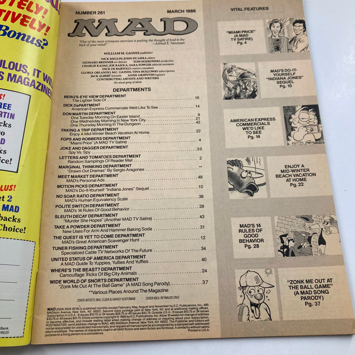 Interior page of Mad Magazine March 1986 No. 261 displaying the table of contents, listing various features and departments within the issue.