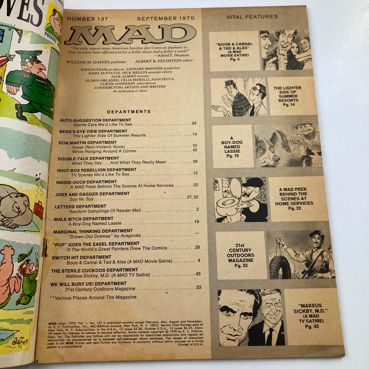 Mad Magazine September 1970 No. 137 table of contents featuring departments and vital features, showcasing classic satire and humor.