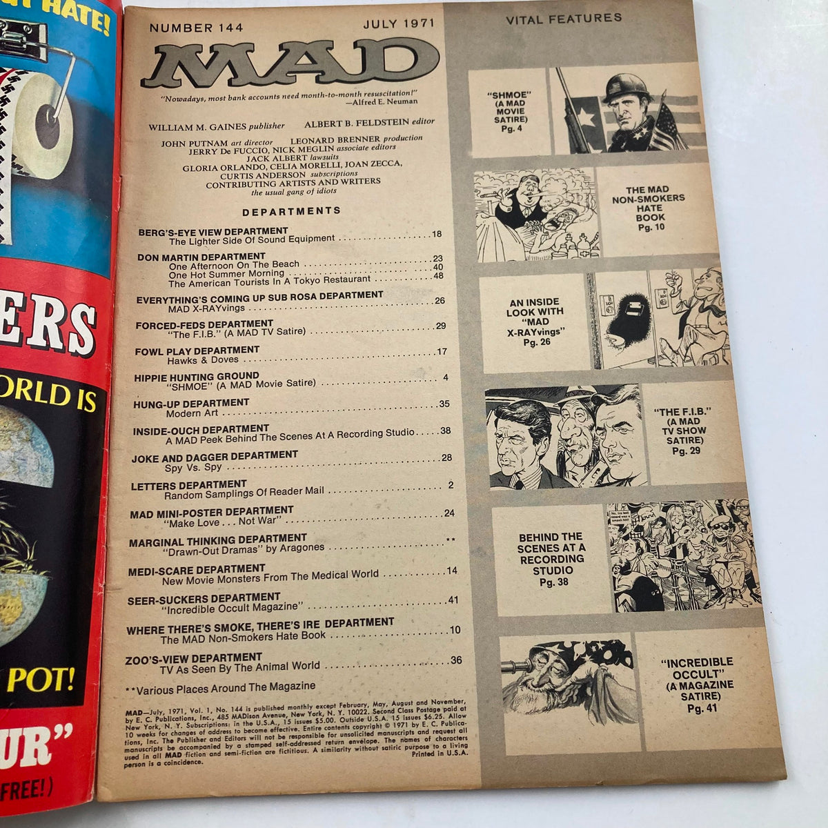 Interior page of Mad Magazine July 1971 No. 144 showcasing the table of contents with various department listings and witty titles.