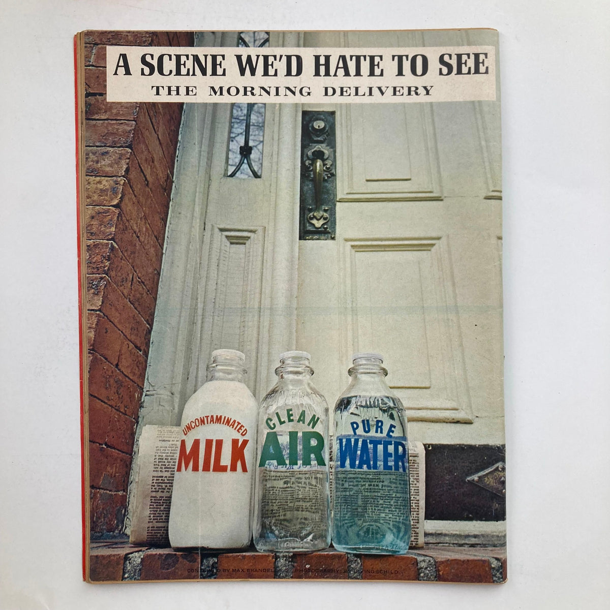 Back cover of Mad Magazine July 1971 No. 144 depicting a humorous illustration with bottles labeled 'Uncontaminated Milk', 'Clean Air', and 'Pure Water'.