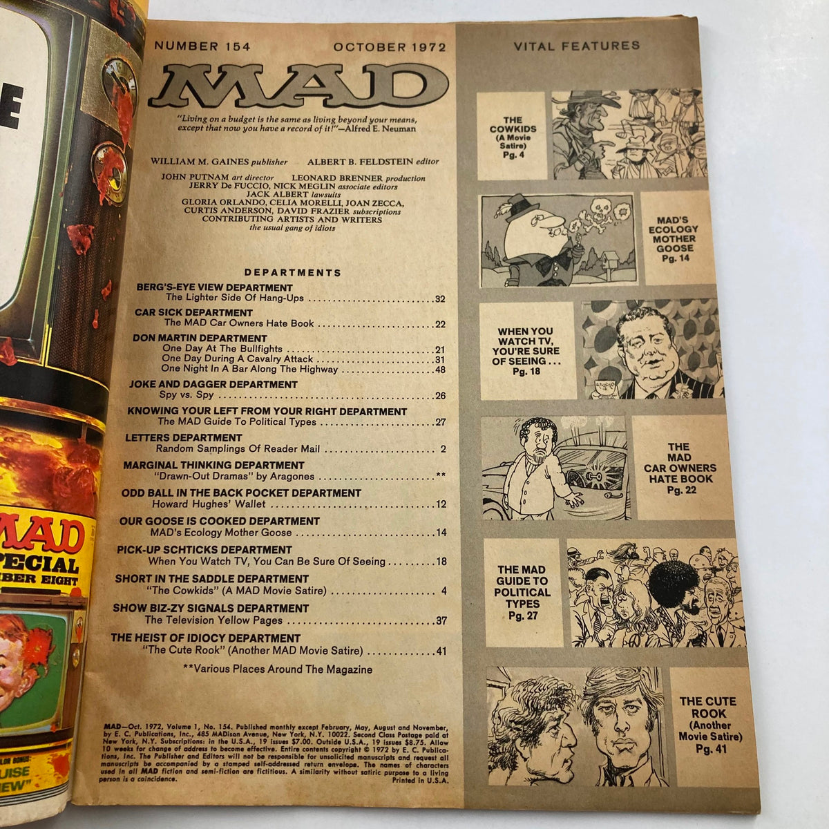 Interior page of Mad Magazine October 1972 No. 154 showcasing the contents and features, including 'The Cowkids' movie satire.