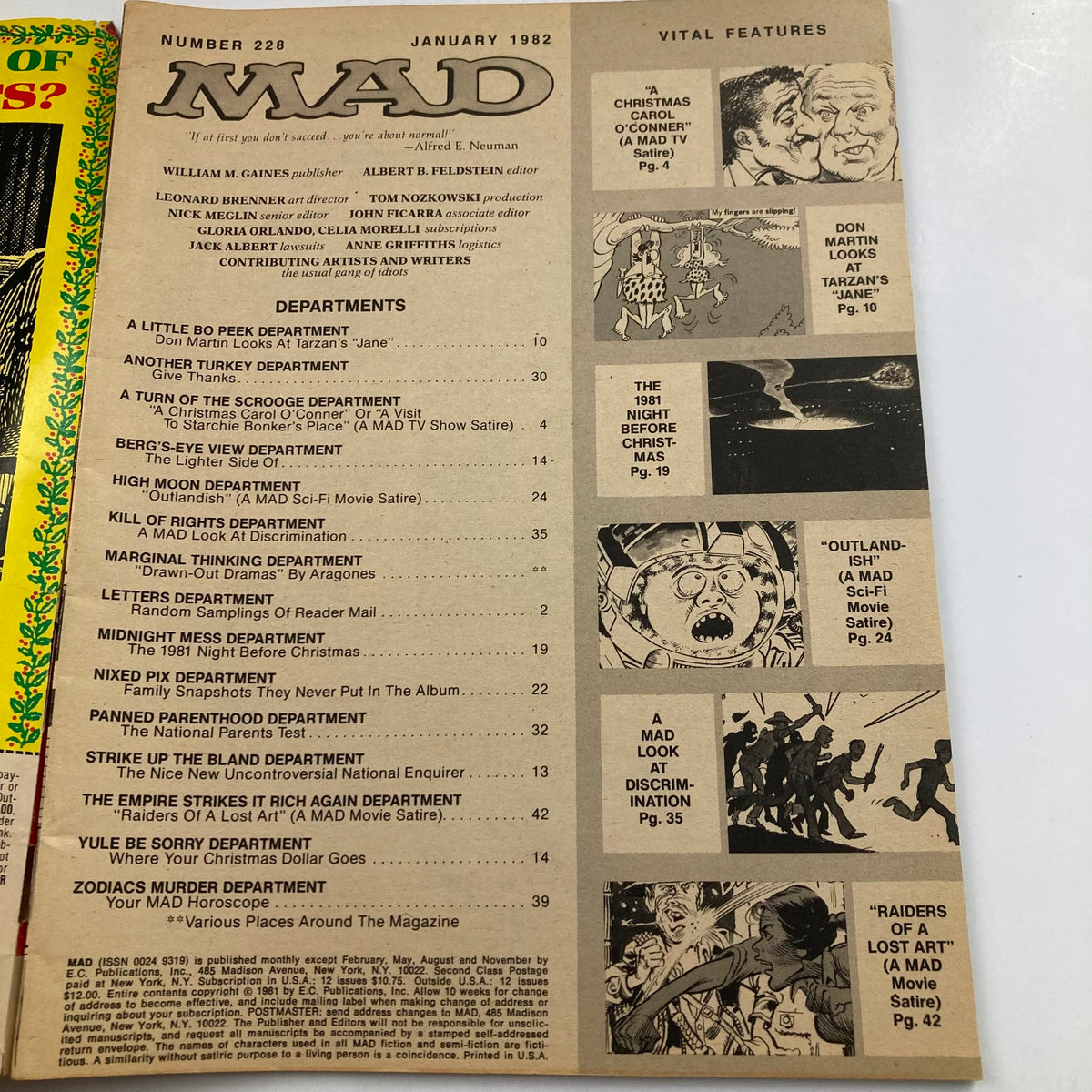 Contents page of Mad Magazine January 1982 No. 228 featuring 'Raiders of a Lost Art' with various departments and articles listed.