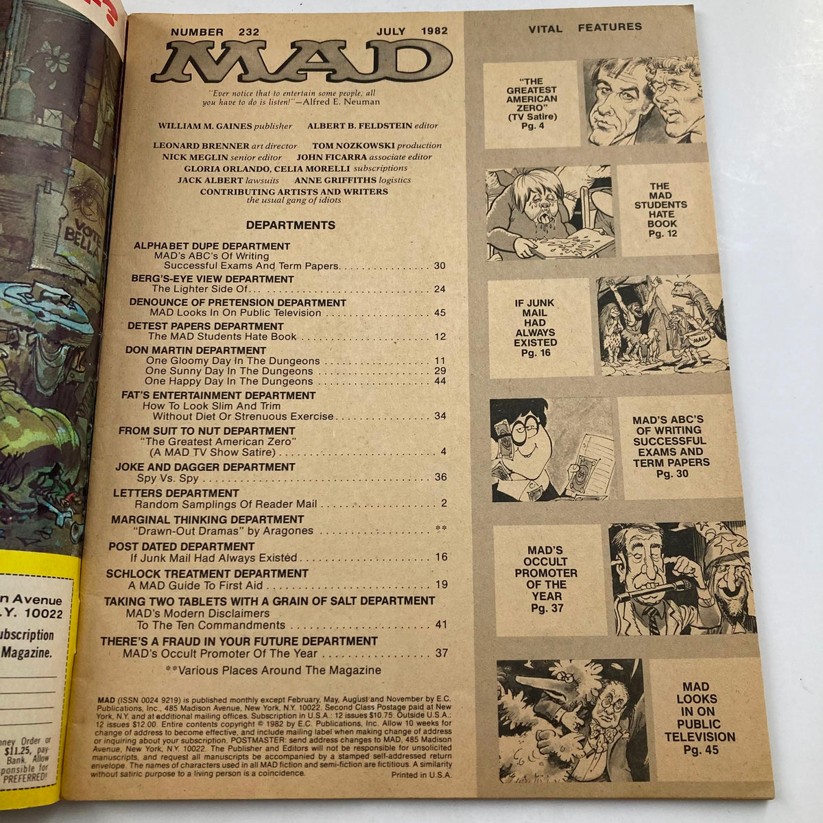 Table of contents page from Mad Magazine July 1982 No. 232, featuring various departments and comedic illustrations. This issue is titled 'The Greatest American Zero' and highlights iconic features of the magazine's editorial style.