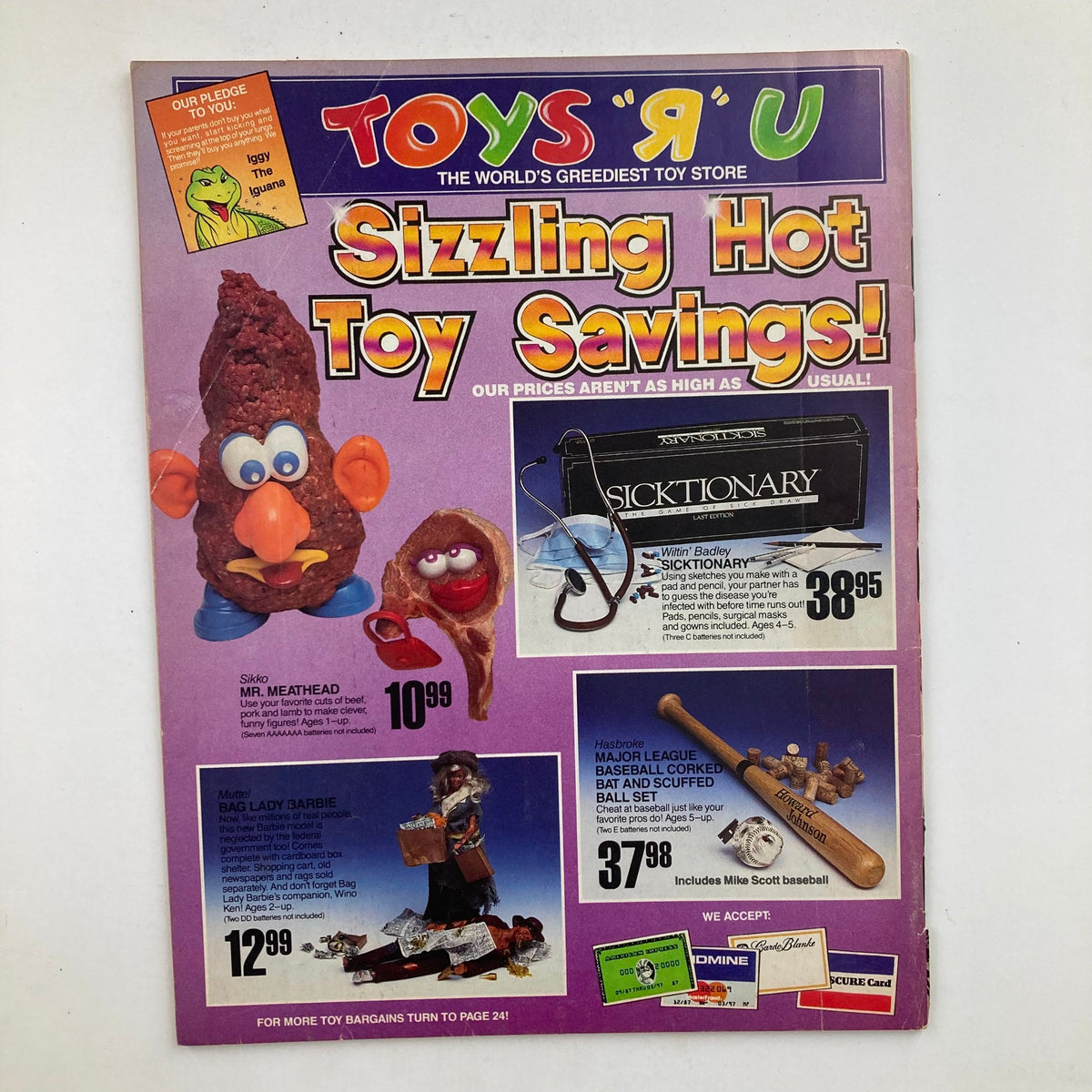 Back advertisement page from Mad Magazine March 1989 No. 285 featuring a colorful layout for Toys 'R' Us, promoting toy savings with humorous toy characters.