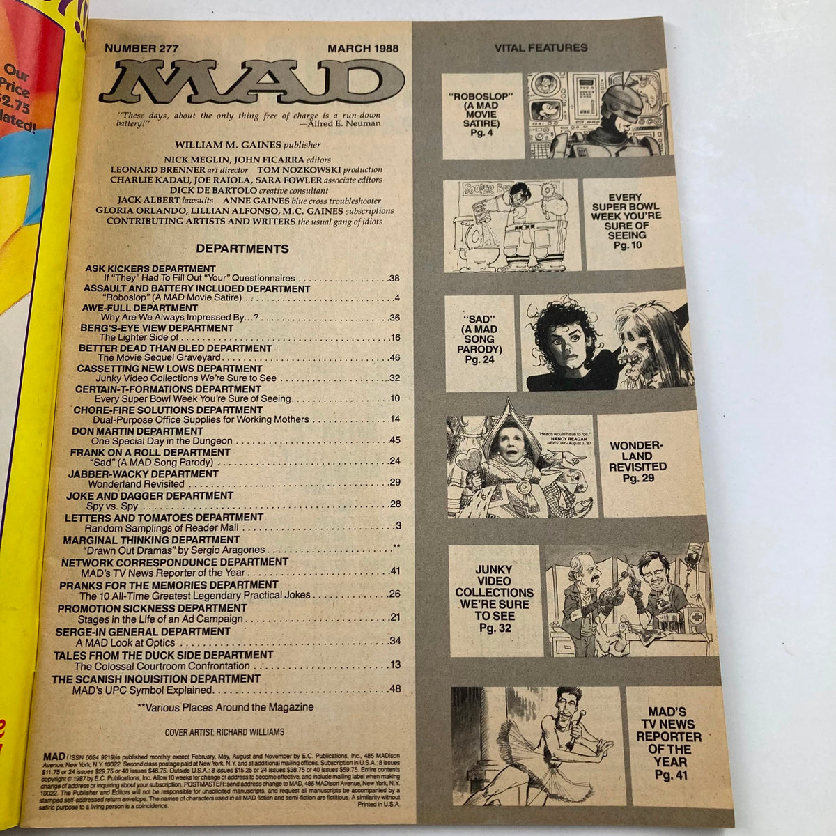 Interior page of Mad Magazine March 1988 No. 277 showing the table of contents and listing the various departments and features inside.