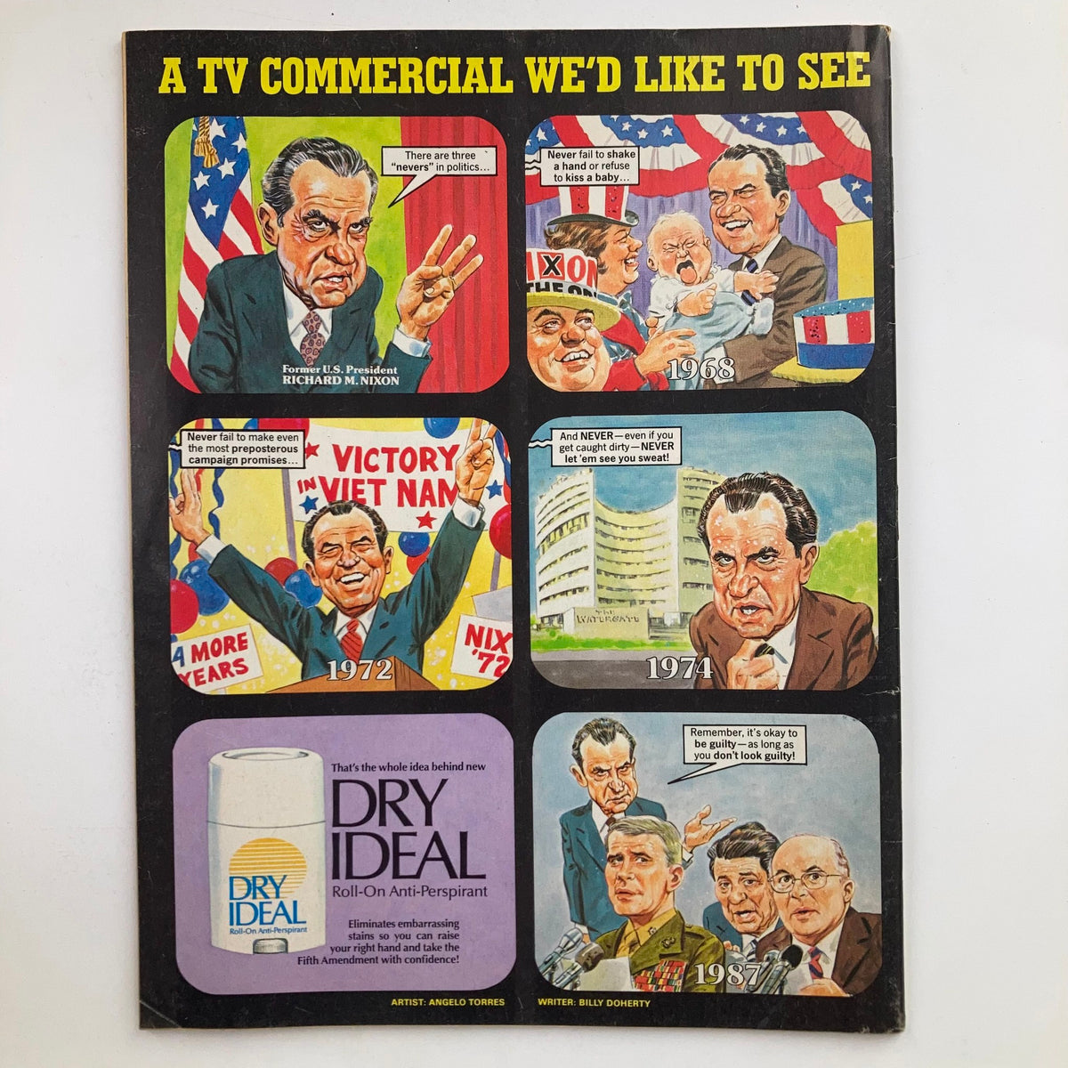 Mad Magazine March 1988 No. 277 cover showcasing a humorous cartoon depicting Richard Nixon in a satirical take on political TV commercials from 1968 to 1987.