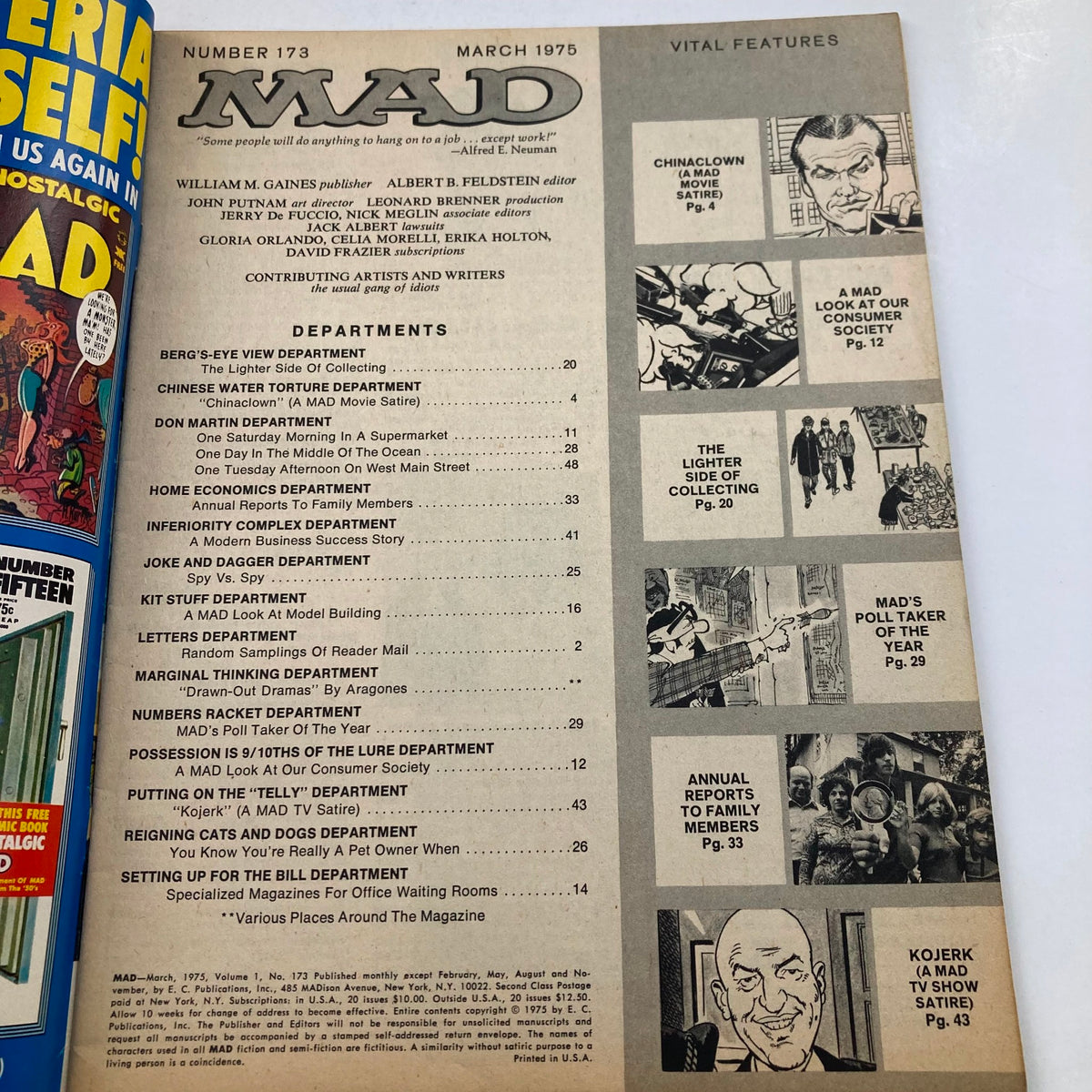 Interior page of Mad Magazine March 1975 No. 173, featuring department listings and cartoon illustrations, highlighting the Lighter Side of Collecting.