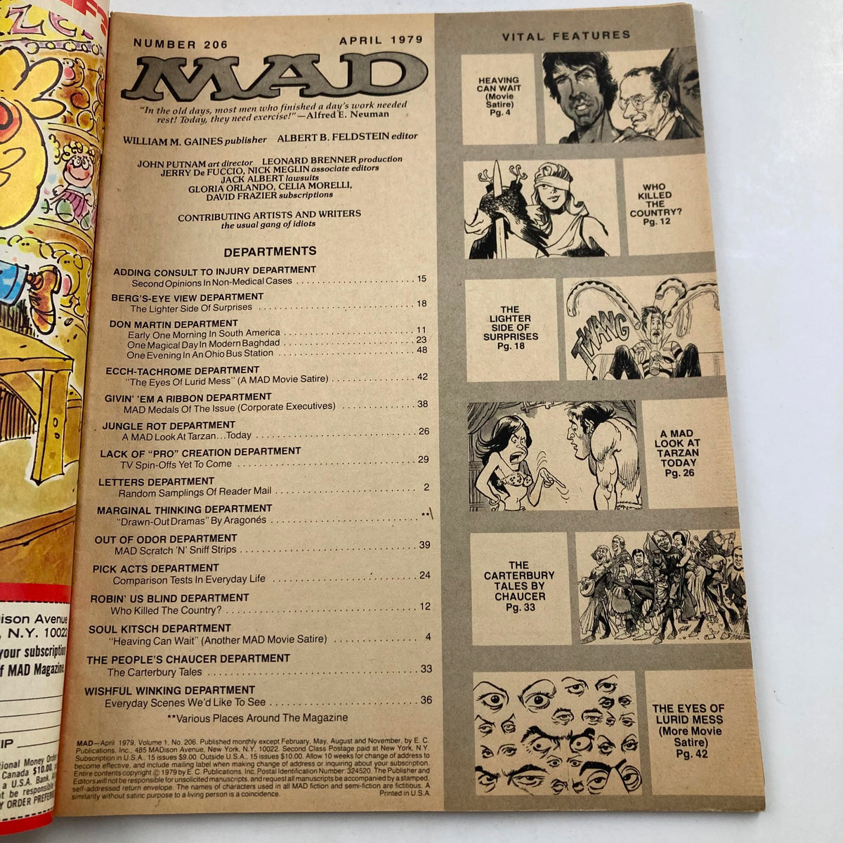Interior page from Mad Magazine April 1979 No. 206 displaying the table of contents and staff list, showcasing the magazine's structure and humor.