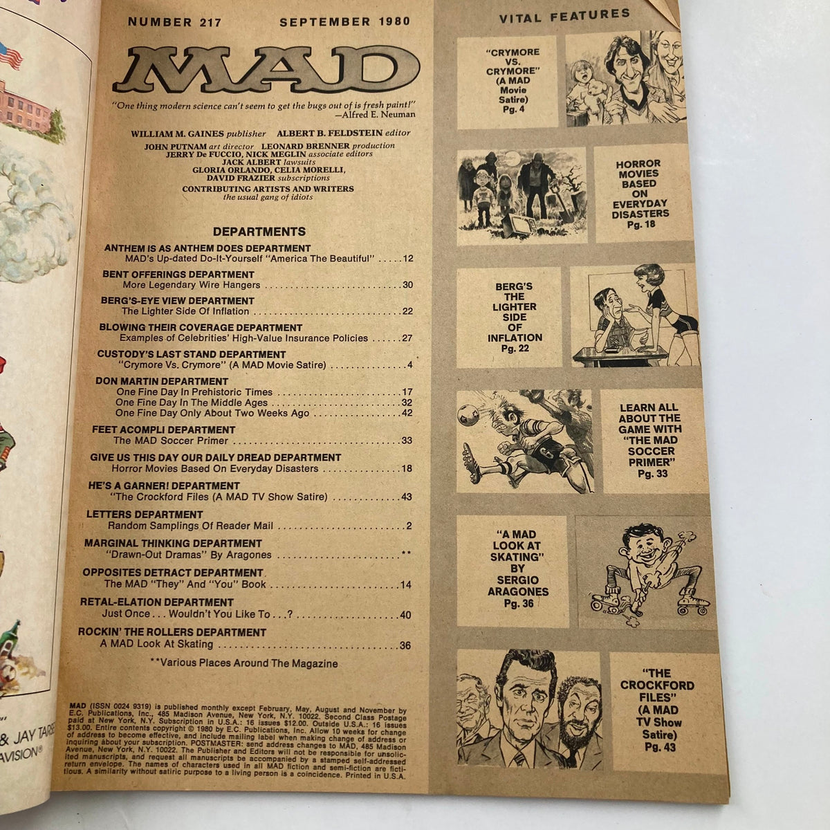 Interior page of Mad Magazine September 1980 No. 217 showcasing the table of contents with various humorous features and departments.